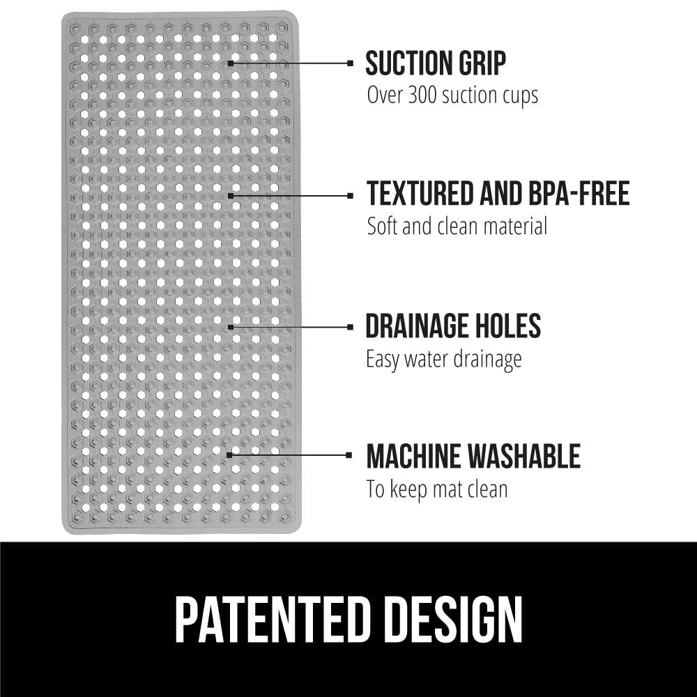 GORILLA GRIP Patented Bath Tub Shower Mat, Machine Washable Bathtub Floor Liner Mats, Suction Cups and Drain Holes to Keep Tubs Clean, Soft on Feet, Bathroom Essentials, 35x16 Inch, Gray Opaque