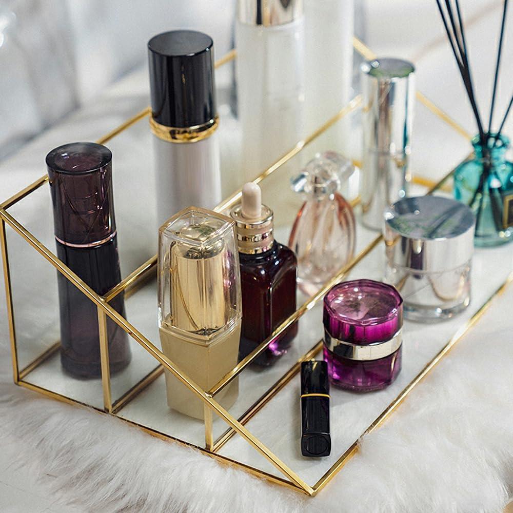 FSyueyun Gold Makeup Organizer Case Vanity, 3 Layers Glass Makeup Storage Cosmetics Organizer Earring Ring Holder Display Case