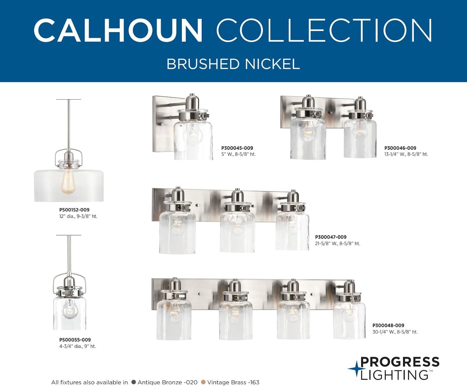 Calhoun Collection Three-Light Brushed Nickel Clear Glass Farmhouse Bath Vanity Light