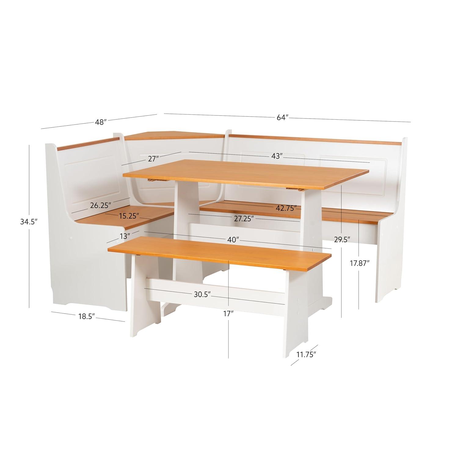 5pc Ardmore Breakfast Storage Corner Nook Dining Set Wood/White/Natural - Linon: Chic Farmhouse Style, Seats 6