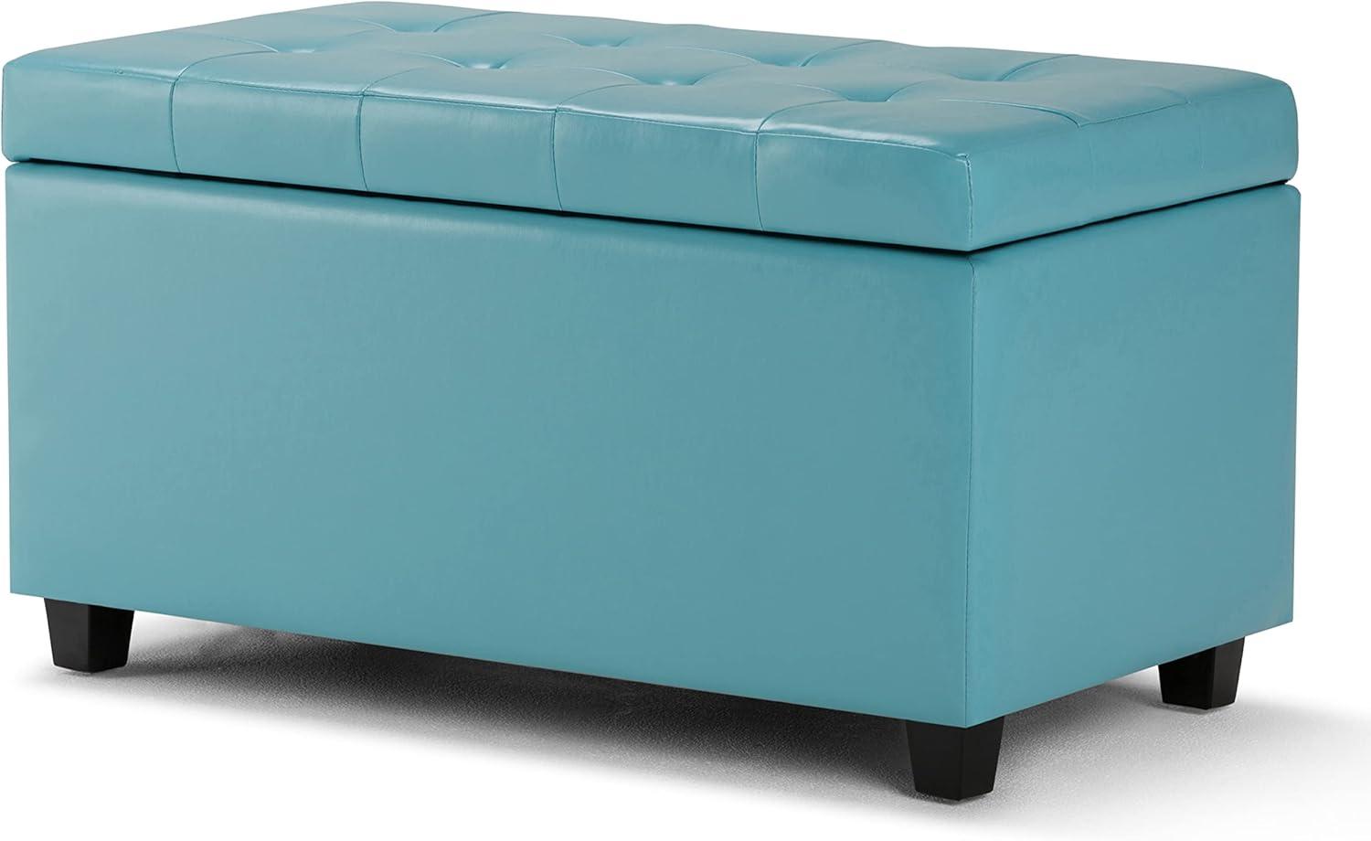 Cosmopolitan 34 inch Wide Rectangle Storage Ottoman in Soft Blue Faux Leather