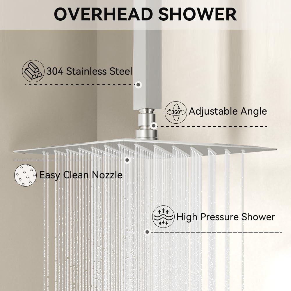 Revitalize 3-Function 12 Inch Wall Mount Rainfall Thermostatic Shower System with 6 Body Jets