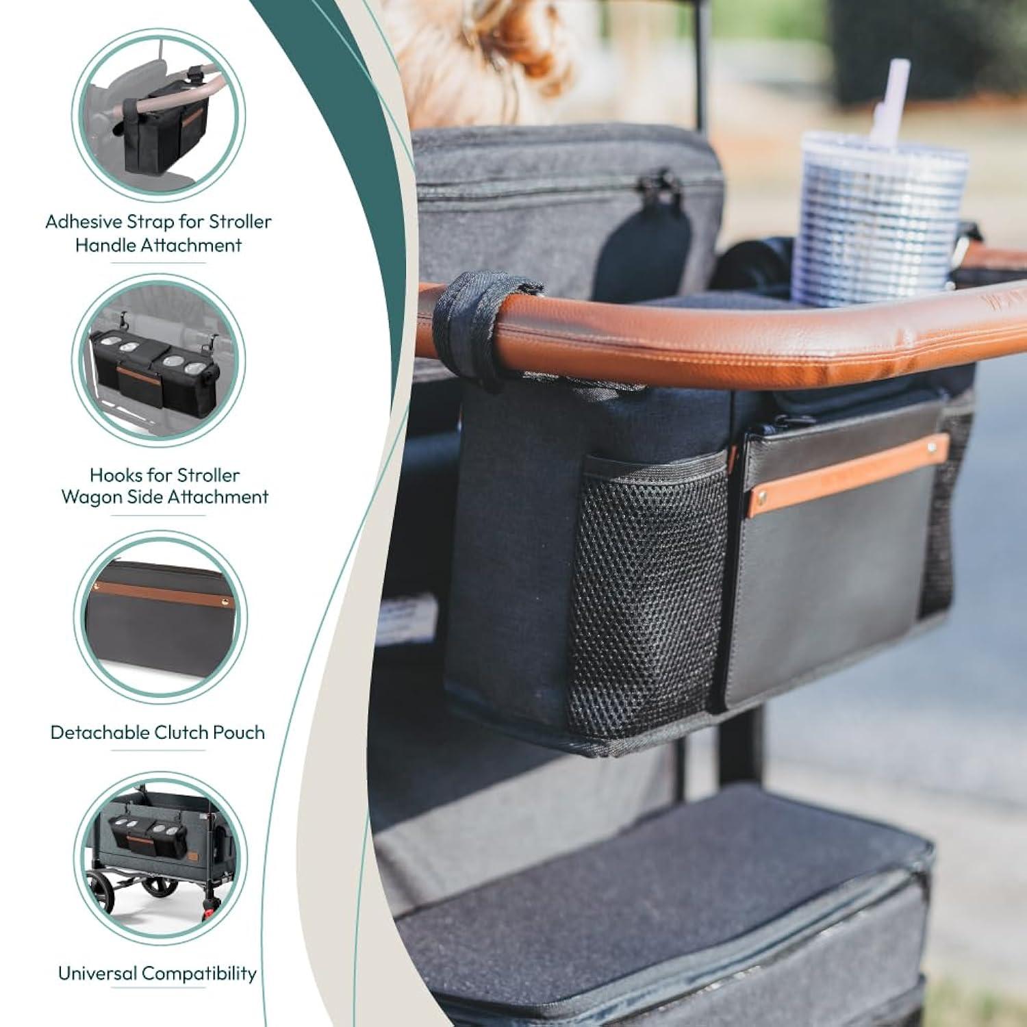 WONDERFOLD Universal Parent Console Stroller Organizer with Insulated Cup Holders, Hook & Loop Closure Handle Attachment, 2 Storage Pockets, Removable Shoulder Strap for Easy Transport