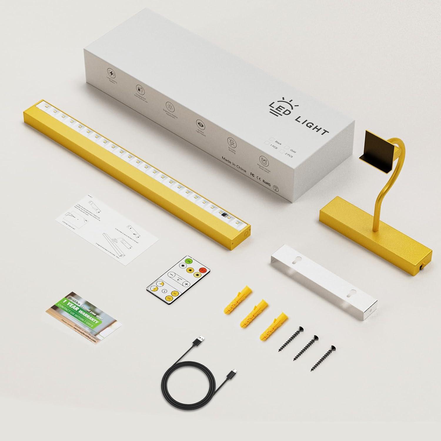 Bridika Picture Lights for Wall Battery Operated, 15.7in Wireless Rechargeable Wall Lights with Remote, 3 Color Temperatures, Dimmable Art Light for Paintings, Gallery, Dartboard, Portraits gold 1pack