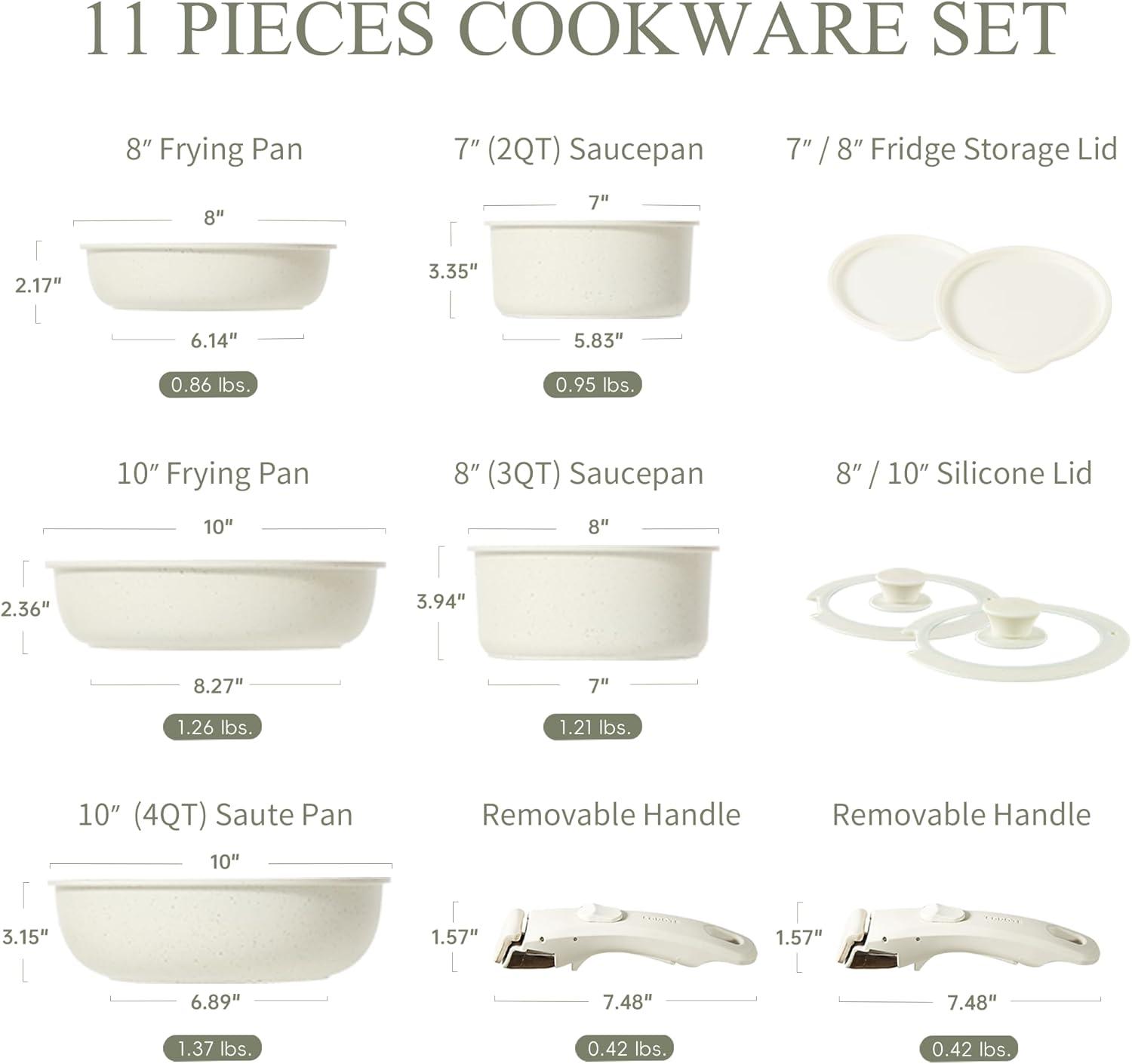 Carote Nonstick Cookware Sets, 11 Pcs Non Stick Pots and Pans Set with Removable Handle, White