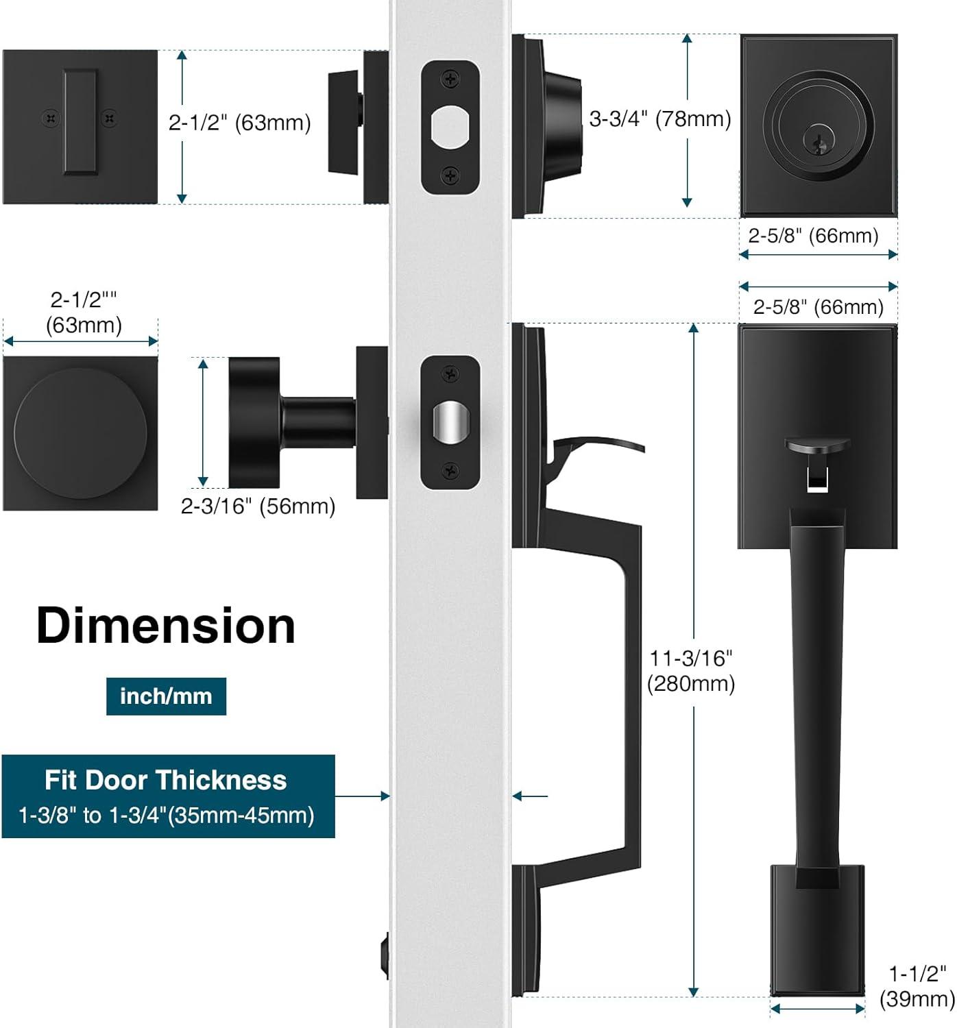 Front Door Lock Handle and Deadbolt Set,Exterior Door Handle with Door Lever,Modern Front Door Lock Set,Adjustable Deadbolt with Single Cylinder,Reversible for Right&Left