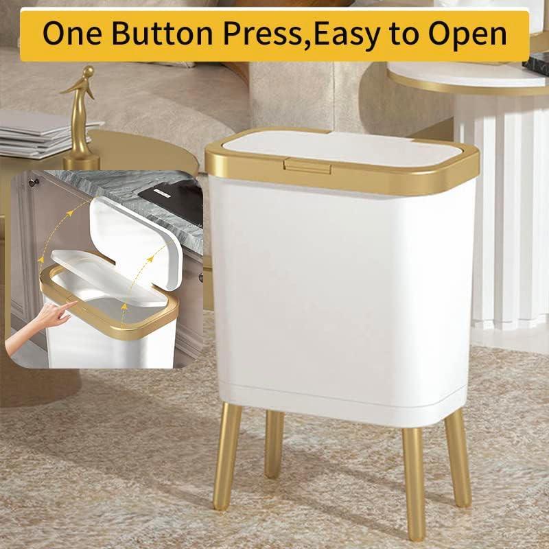 LIKOBI Trash Can with Lid,Bathroom Trash Can with Gold Edge,Slim Plastic Trash Bin for Bedroom,4 Gallon