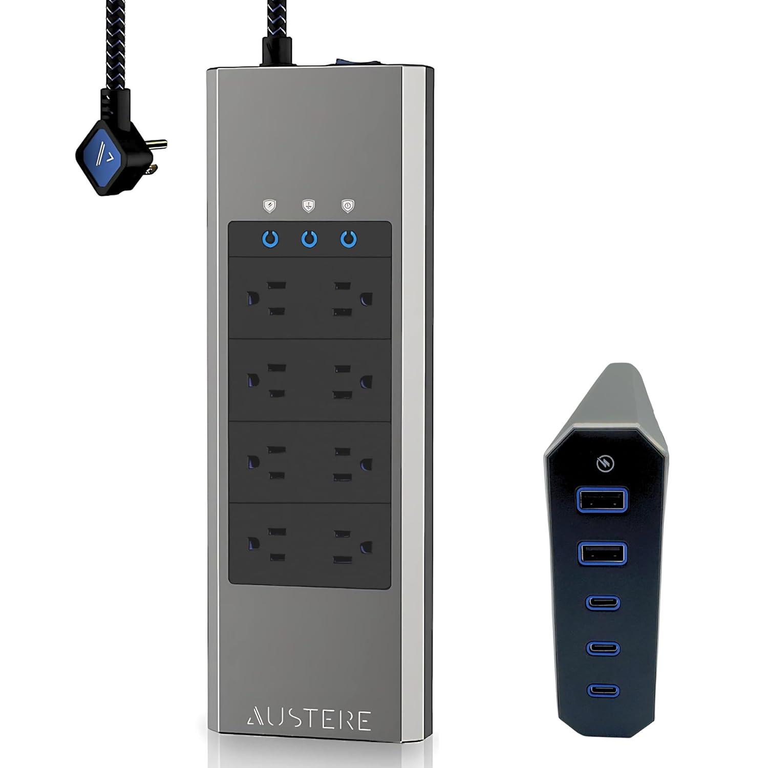 Austere V Series Power 3,000-Joules Surge Protector Power Strip and USB Charger, 8 AC Outlets and 5 OmniPort USB Ports, 6-Ft. Cord, 5S-PS8-US1, 5S-PS8-US1