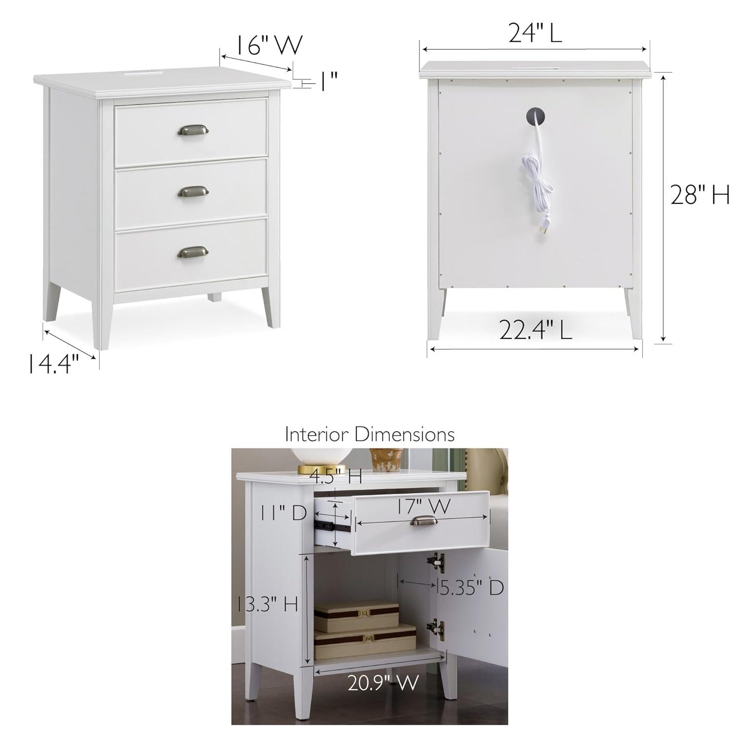 Laurent Collection Hardwood Bedroom Night Stand with Top Drawer, Door and 2-plug Electrical Outlet