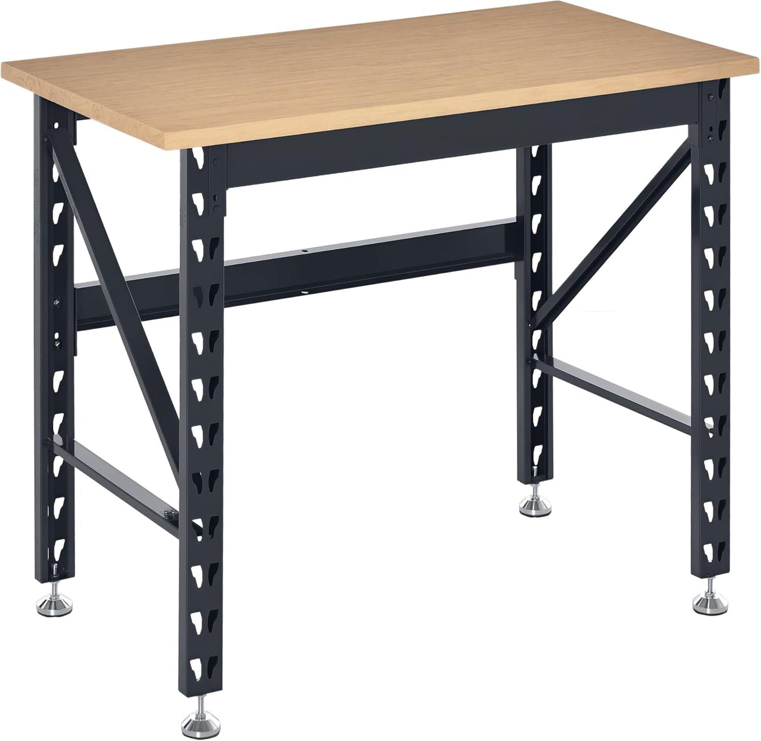 HOMCOM 45" Work Bench with Adjustable Footpads and Large Solid Wood Tabletop Tool Table for Garage, Weight Capacity 1100 lbs