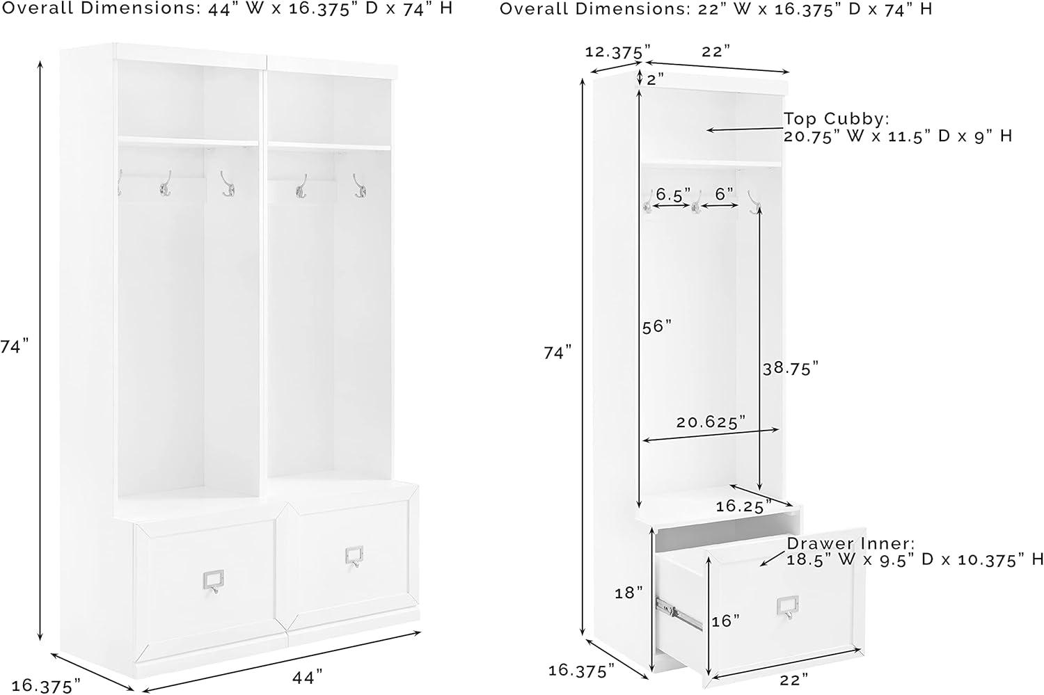 2pc Harper Entryway Hall Trees White - Crosley: Organizer with Bench, 8 Coat Hooks, Label Drawers