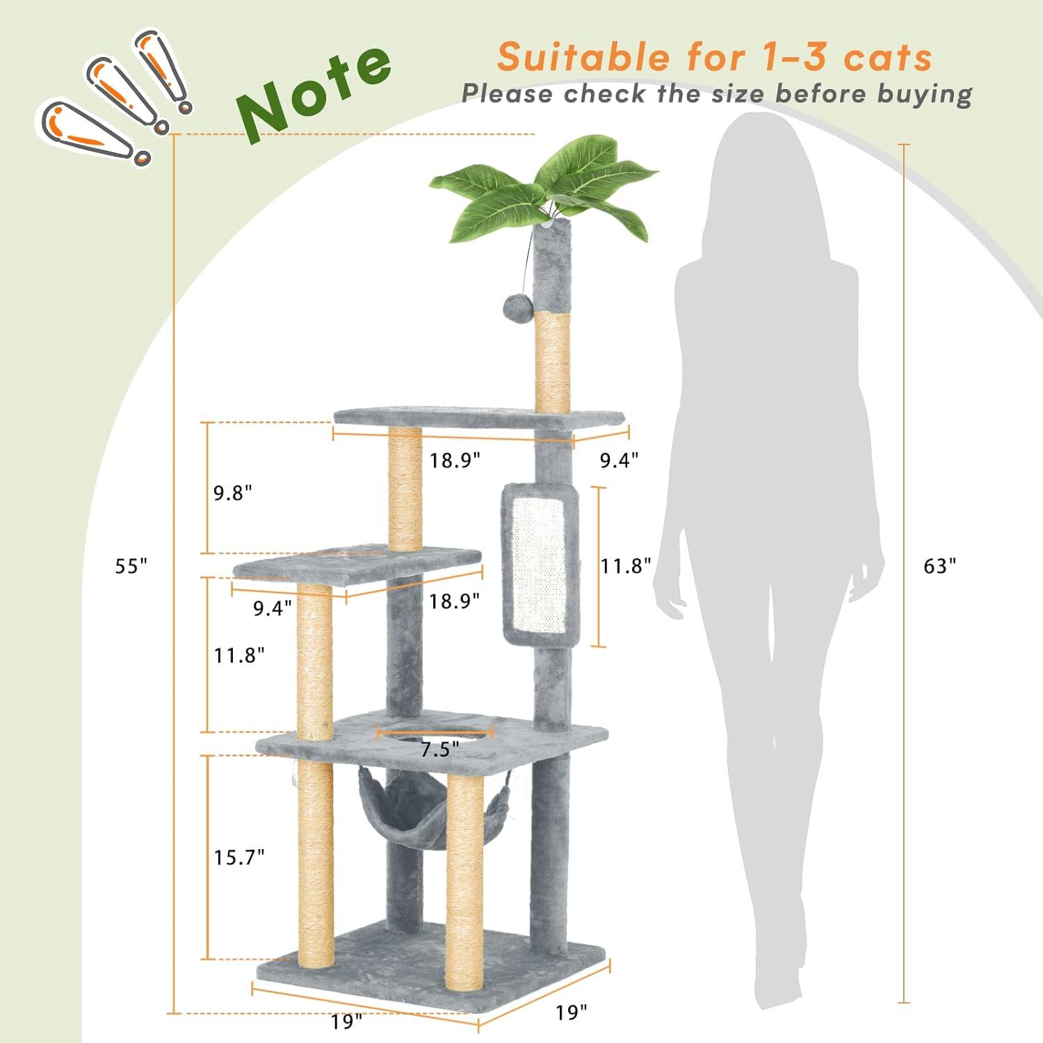 55" Cat Tree for Indoor Cats with Green Leaves, Multi-Level Large Cat Tower for Indoor Cats with Hammock, Plush Cat House with Hang Ball Toy and Cat Sisal Scratching Posts Cat Furniture, Green