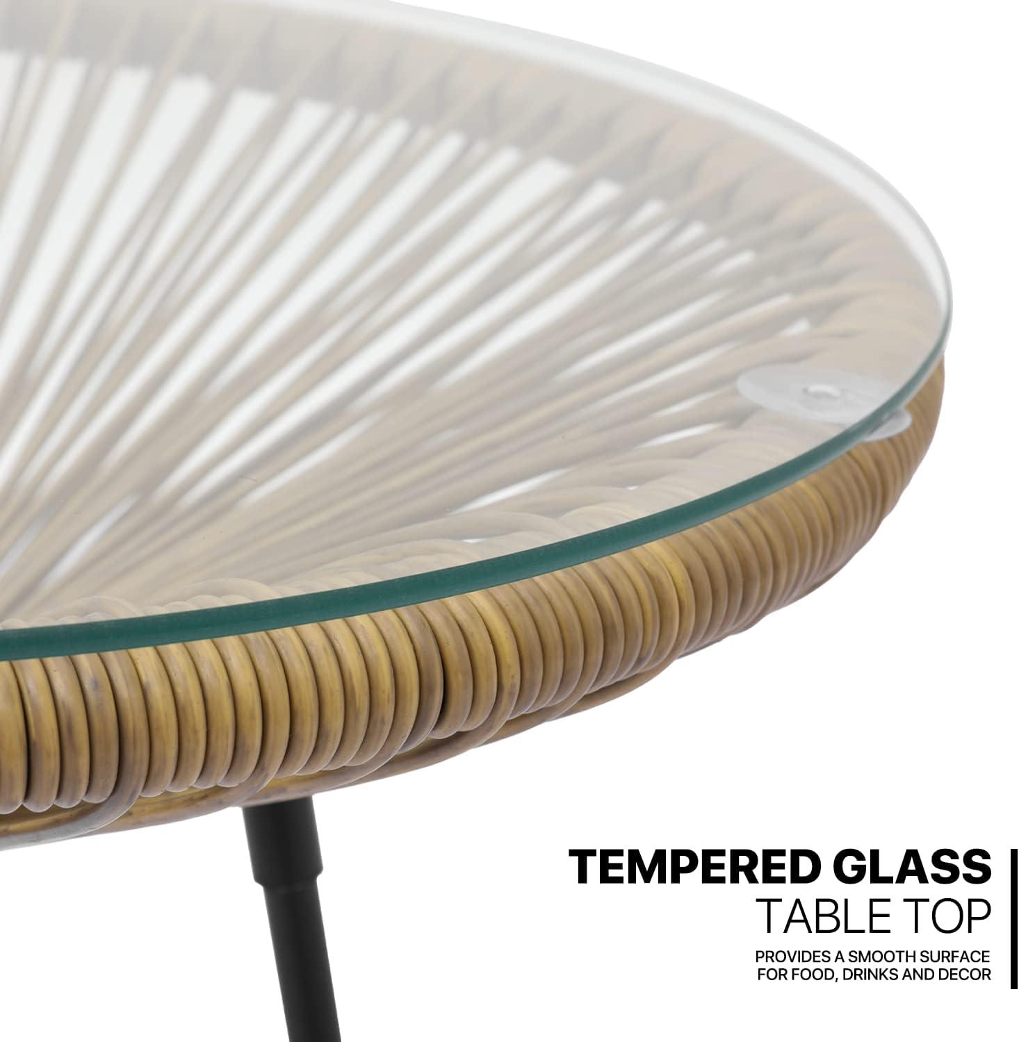 MoNiBloom 3 Pieces Outdoor Patio Furniture Rattan Wicker Table and Chairs Set, Conversation Bistro Set with Tempered Glass Tabletop for Porch Balcony Backyard Pool, Natural