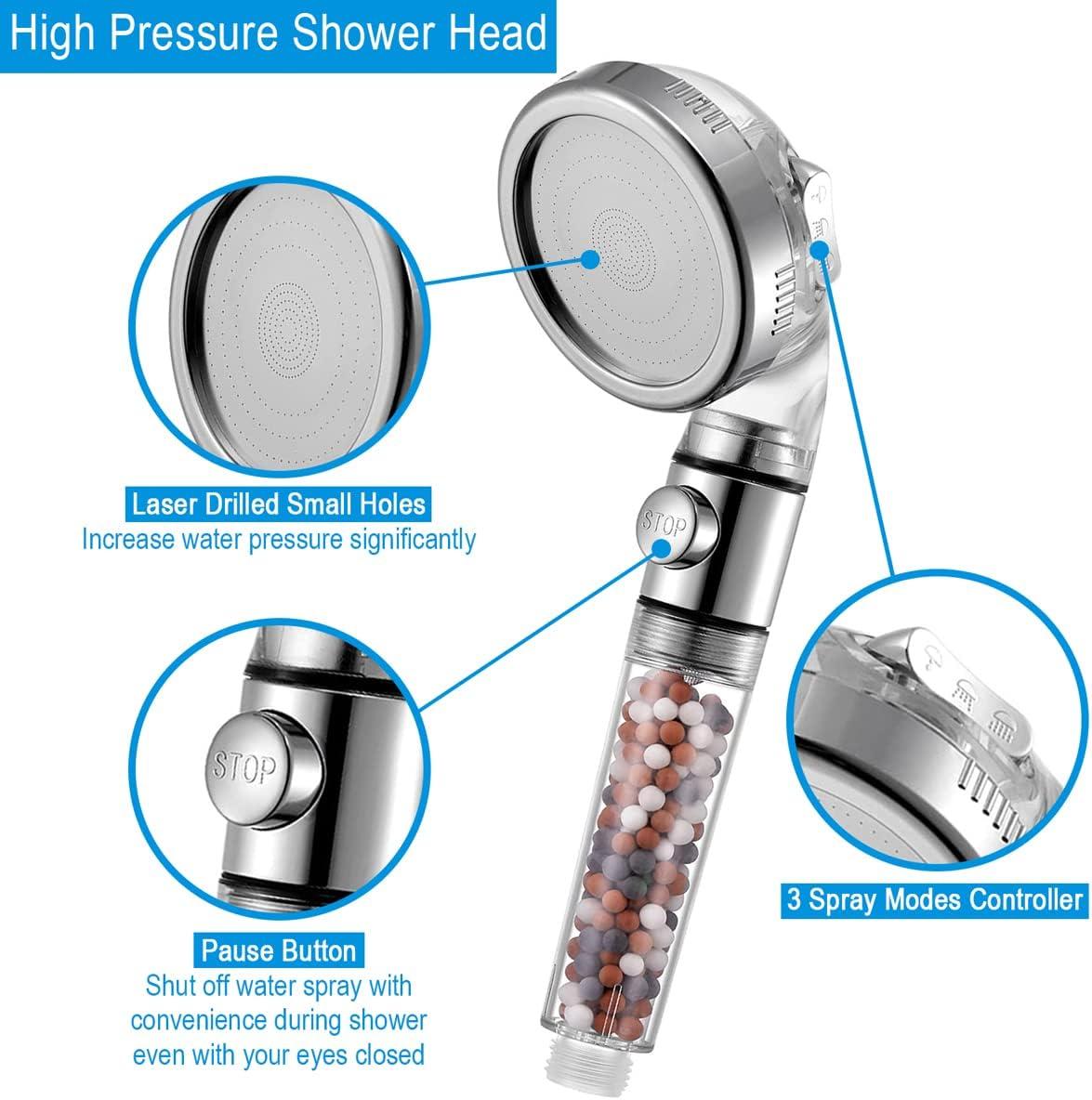 High Pressure Handheld Shower Head with Filter, Shower Head Kits with Hose and Bracket, Hard Water Softener Water Purifying Filtered Showerheads with Filter Beads