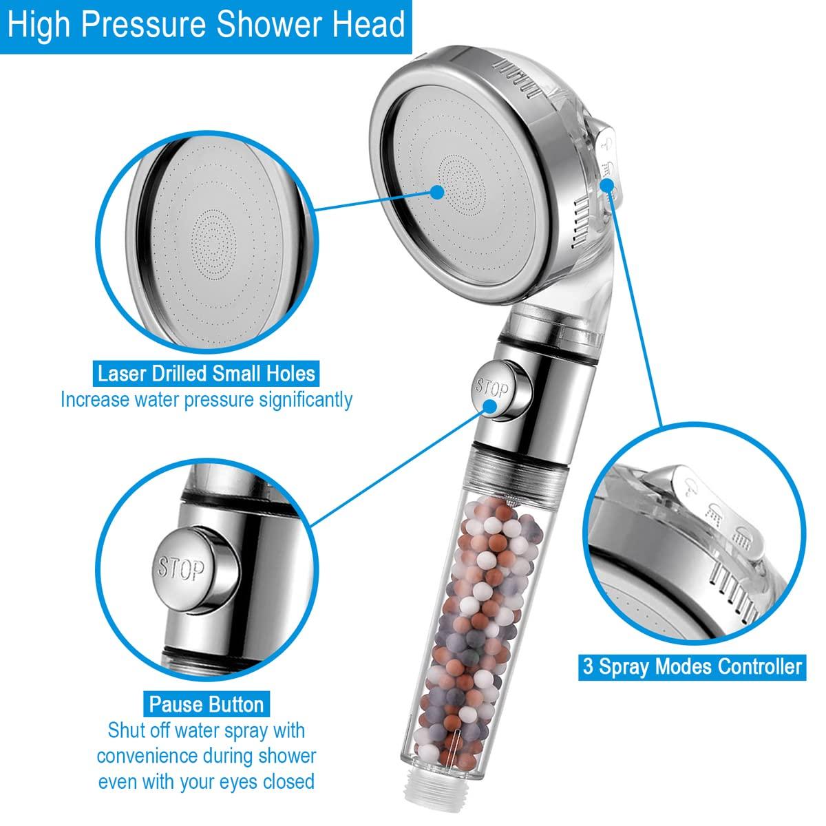 High Pressure Handheld Shower Head with Filter, Shower Head Kits with Hose and Bracket, Hard Water Softener Water Purifying Filtered Showerheads with Filter Beads