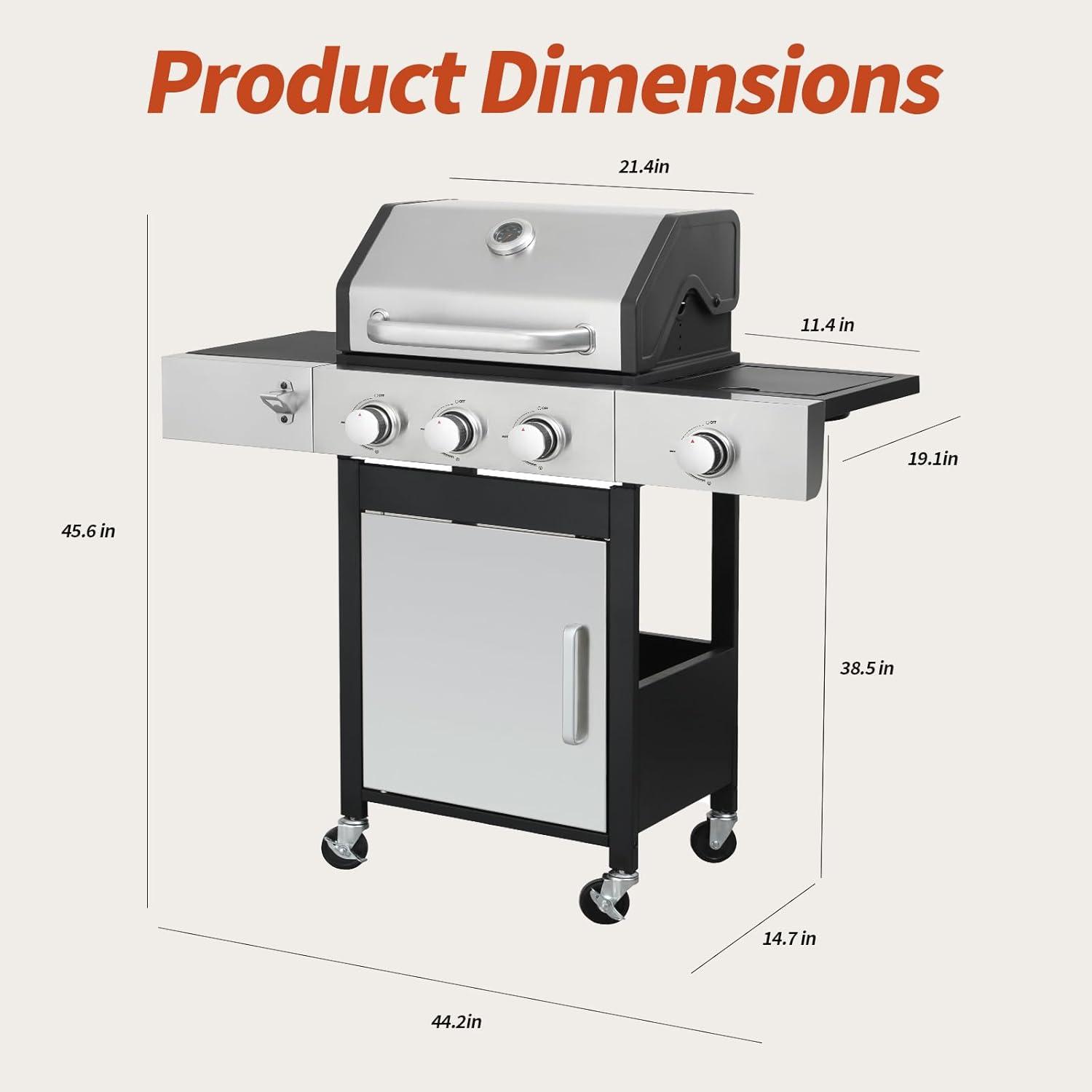 4-Burners Propane Gas Grill with Side Burner & Thermometer, Stainless Steel Propane Grill for Outdoor BBQ and Camping, Patio Backyard Barbecue, 42000 BTU Output