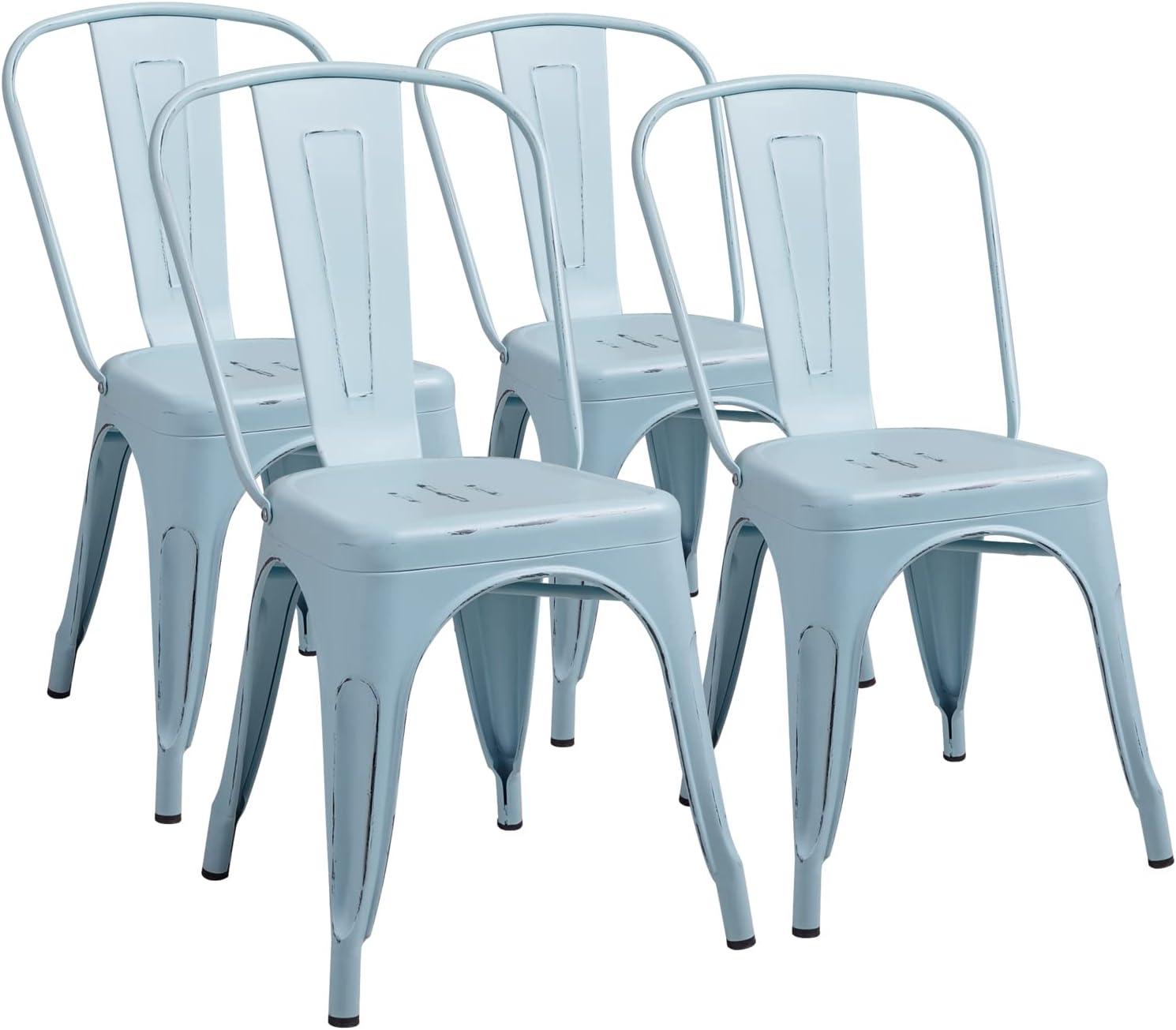 Furmax Metal Dining Chair Indoor Outdoor Use Stackable Chic Side Classic Trattoria Metal Chairs Set of 4 for Kitchen, Dining Room, Bistro and Cafe (Distressed White)