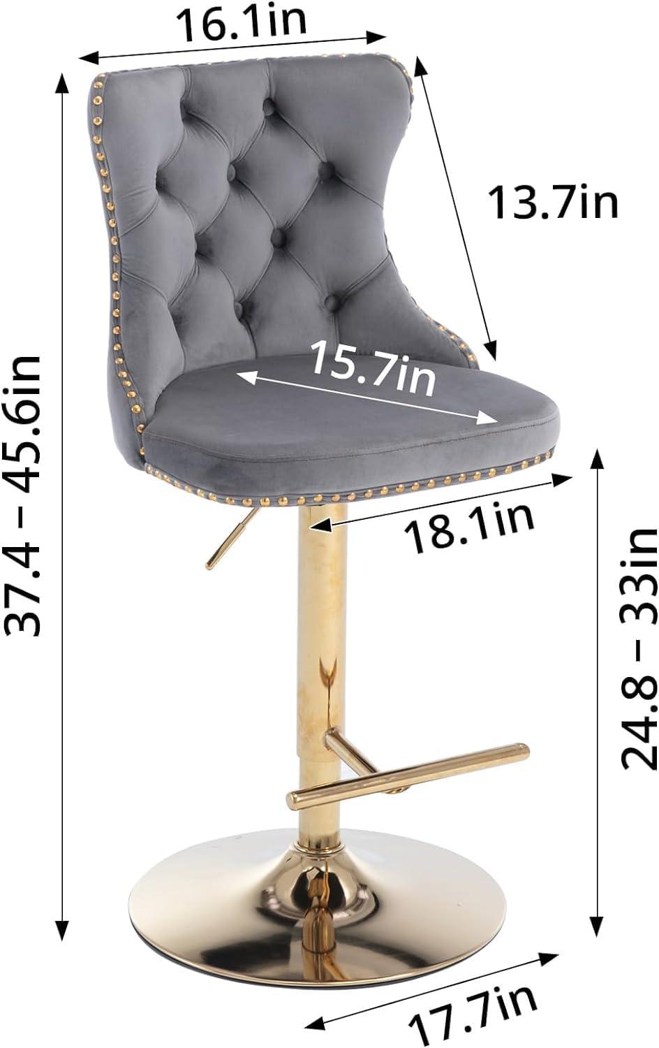 Sesslife Swivel Bar Stools Set of 2, Upholstered Thickened Velvet Fabric High Barstool with Nail Trim, Adjustable Seat Height, Counter Height Bar Chairs with Back & Footrest for Kitchen Island, Gray