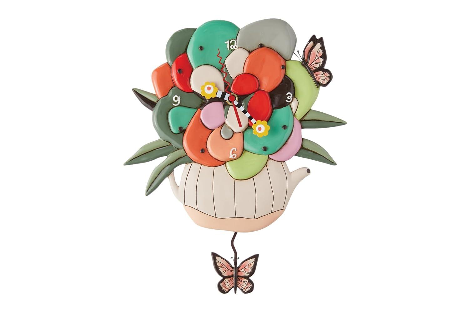 Allen Designs Tea Pot with Flowers and Butterflies Battery Operated Sculpted Pendulum Wall Clock 9.85 Inch