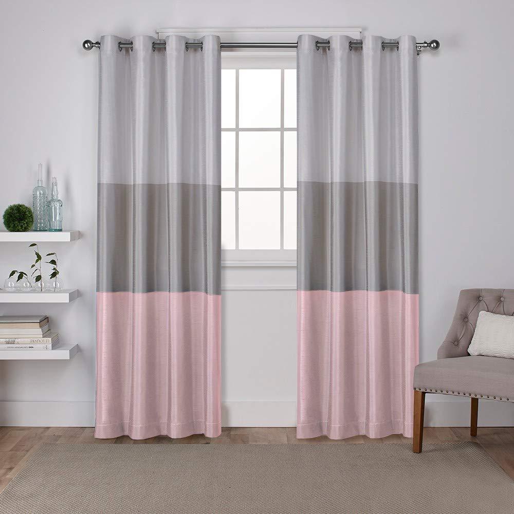 Set of 2 84"x54" Chateau Striped Faux Silk Grommet Top Light Filtering Window Curtain Panel Gray/Blush: Modern Drapes