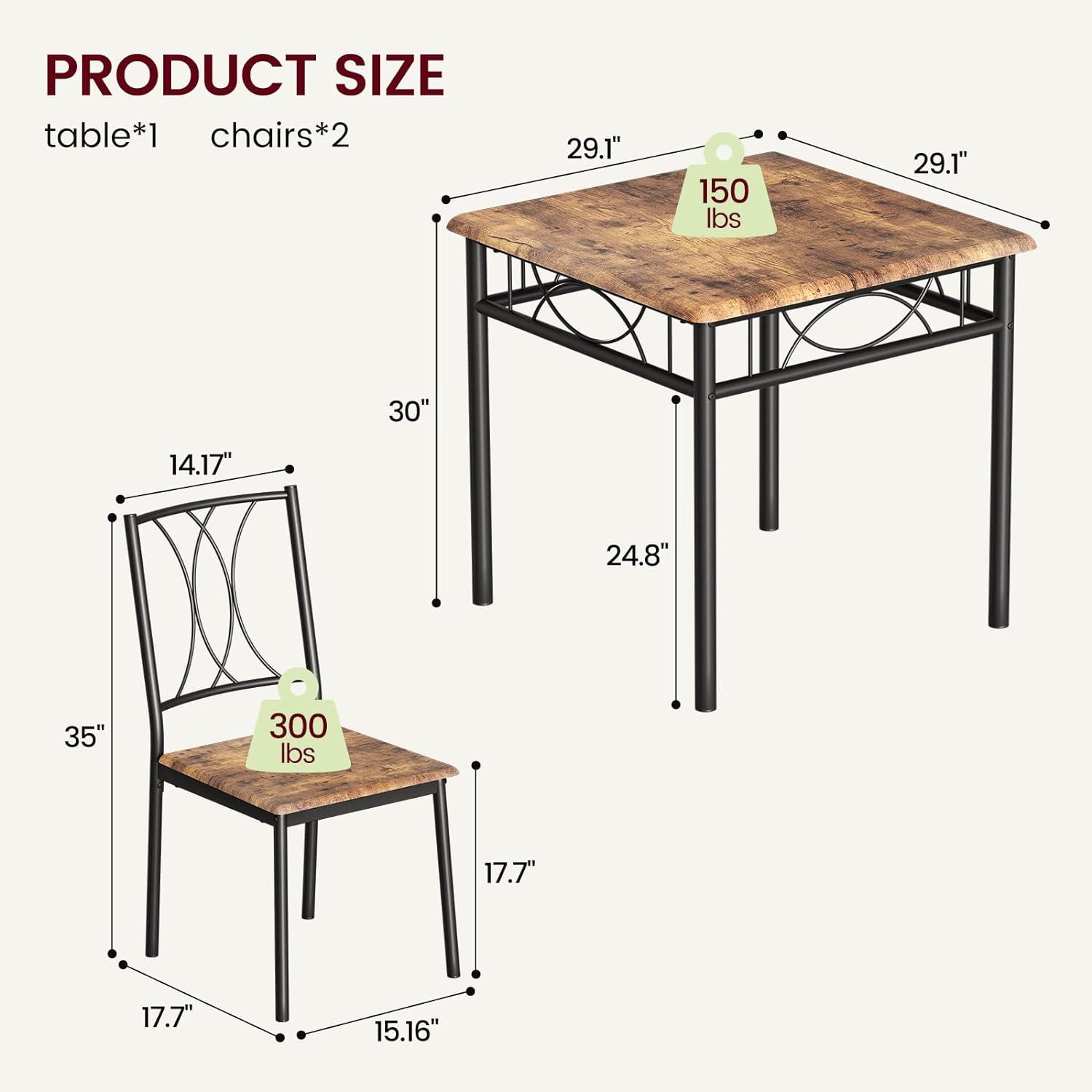 Rustic Brown Square MDF and Metal Dining Table Set with 2 Chairs