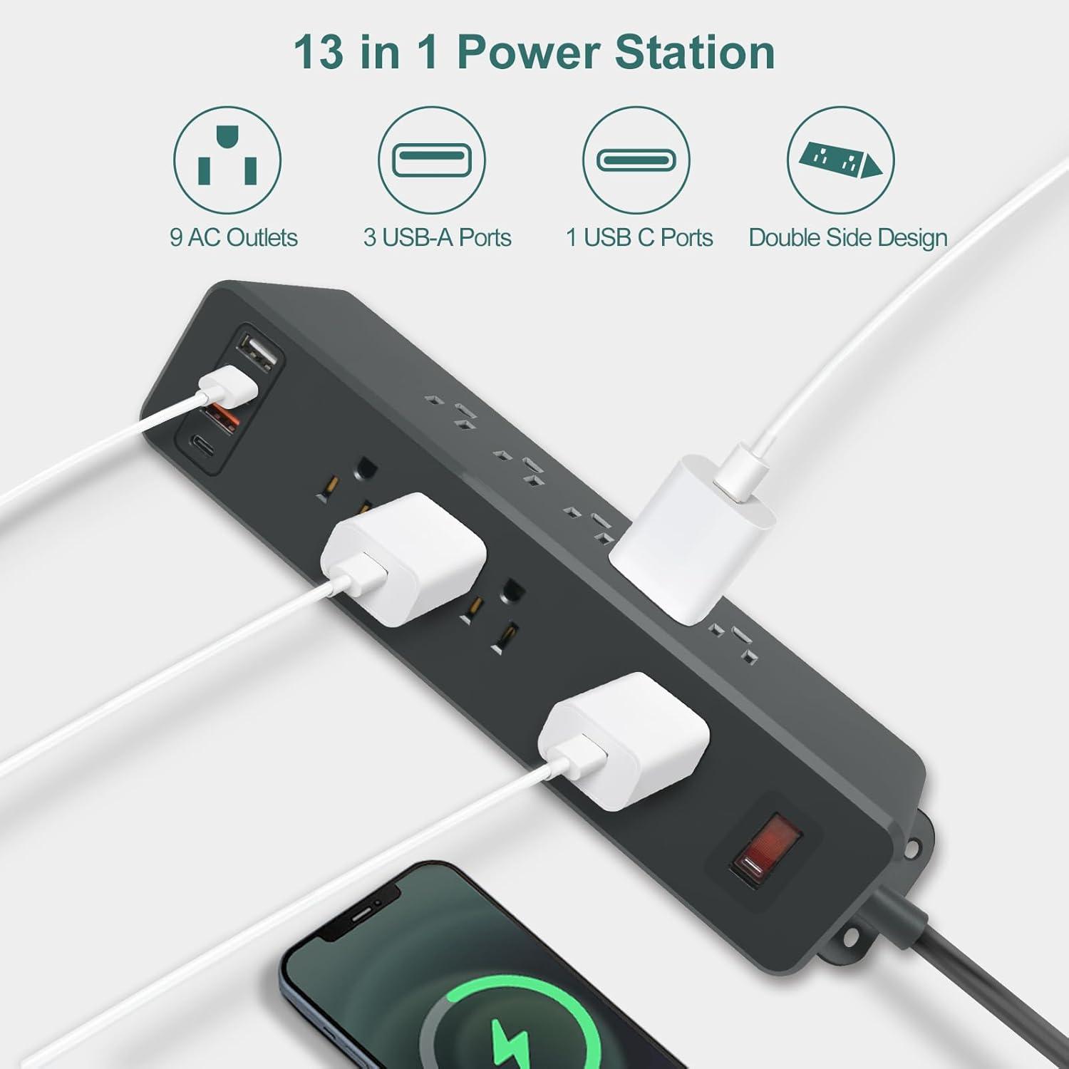 Black 9-Outlet Wall Mount Power Strip with USB-C and USB-A Ports