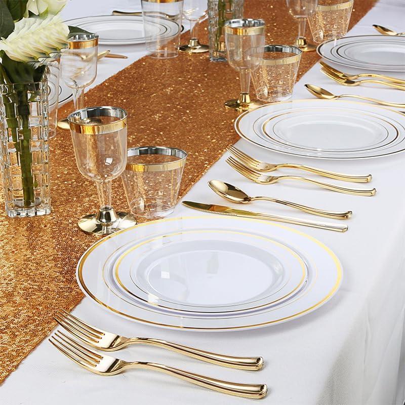 Akmi 350 Piece Gold Plastic Dinnerware Set with Linen Napkins