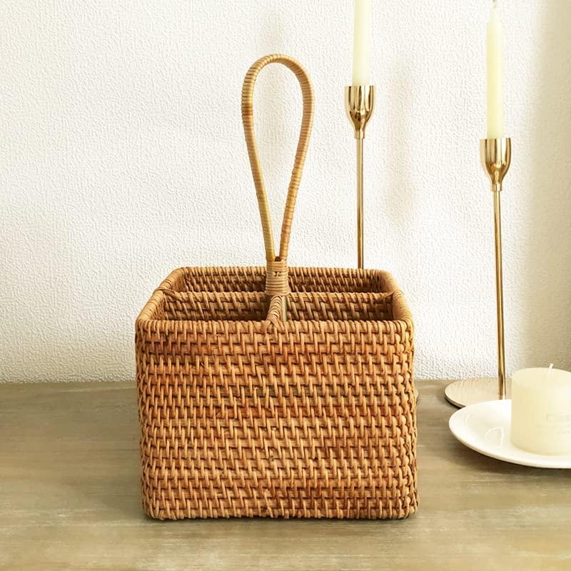 Stack man 2 Pack Rattan Round Condiment Carrier Cooking Utensil Caddy Holder- 4-Compartment Handmade Flatware Organizer Silverware Caddy For Tabletop,Parties, Cooking Utensil Condiment Organizer