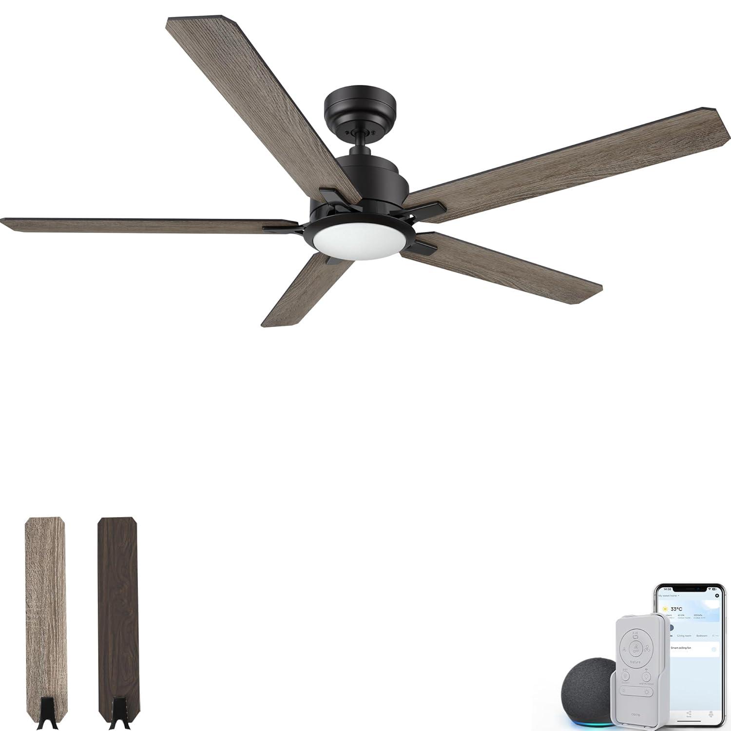 52" 5 Baldes Smart Wifi Ceiling Fan with Remote and Dimmable LED Light Dark Wood