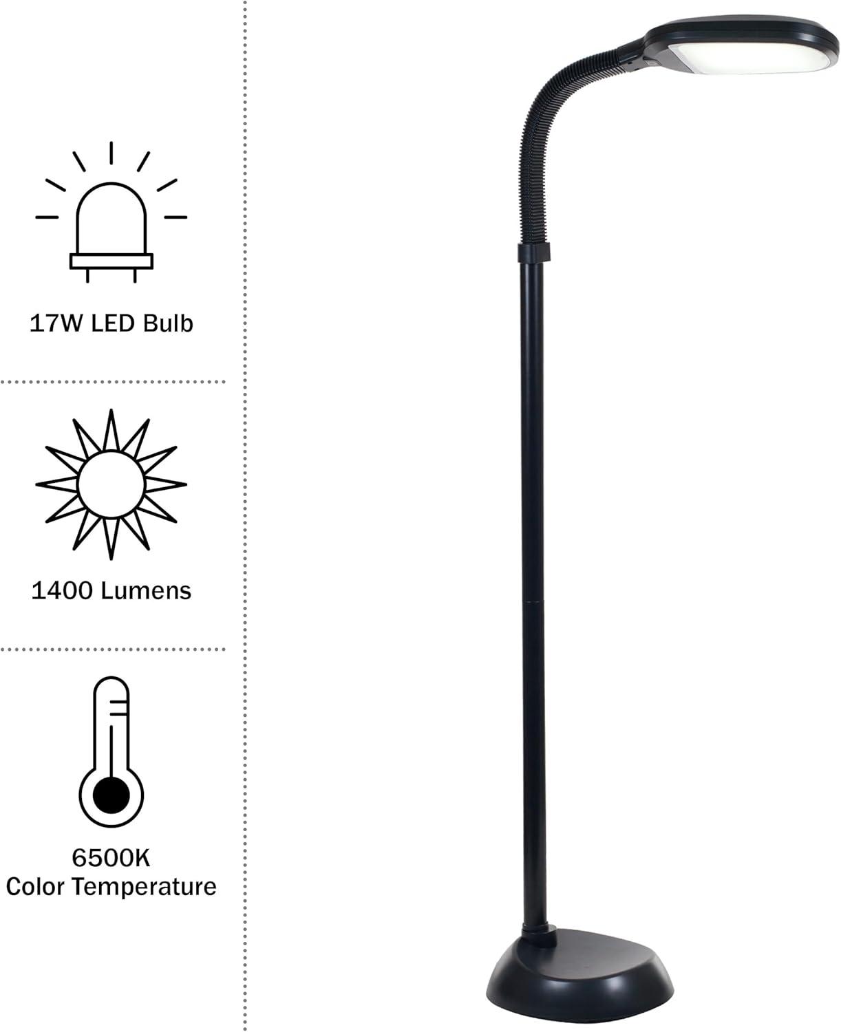 Adjustable Floor Lamp - Full Spectrum Natural Sunlight LED Lamp and Bendable Neck - Dimmable Light for Living Room and Bedroom by Lavish Home (Black)