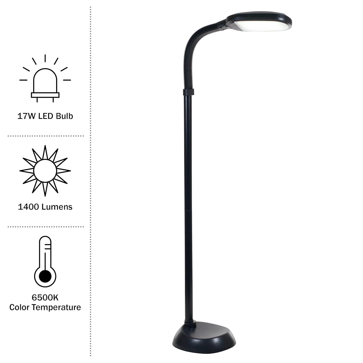 Bedford Home LED Floor Lamp - Full Spectrum Natural Sunlight Lamp with Bendable Neck - Dimmable Reading, Craft, and Esthetician Light (Midnight Black)