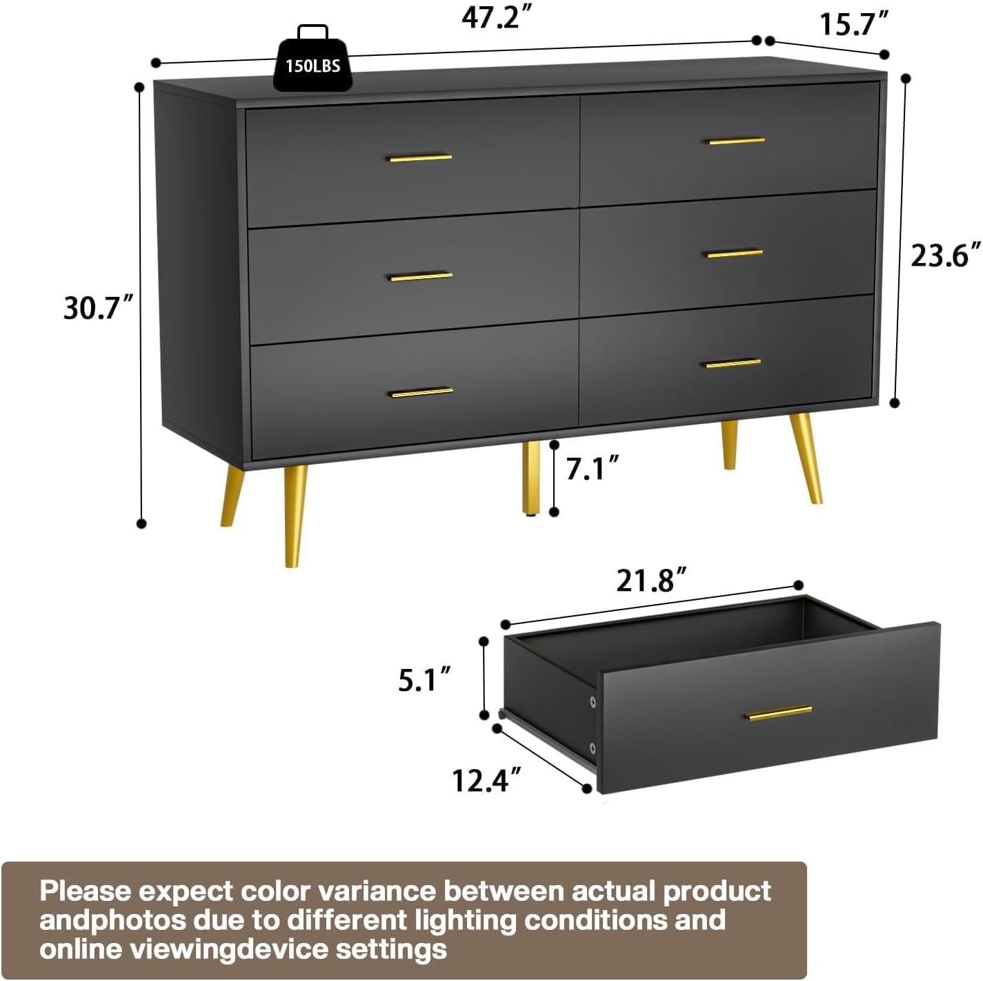 JOZZBY Dresser for Bedroom with 6 Drawers, Mid Century Modern Dresser with Gold Handles, Wooden Dressers & Chest of Drawers Organizer for Entryway, Walnut Wood