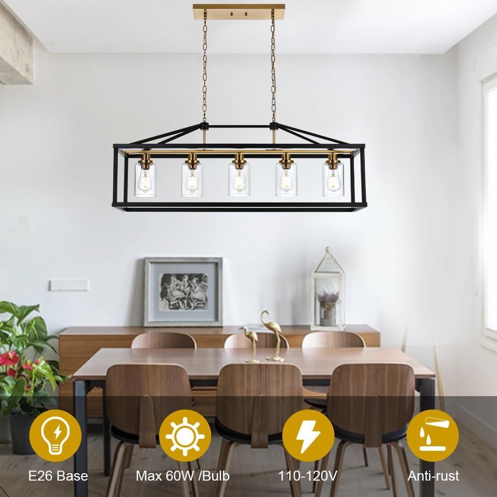 Modern Black and Brass 5-Light Island Chandelier with Glass Shades