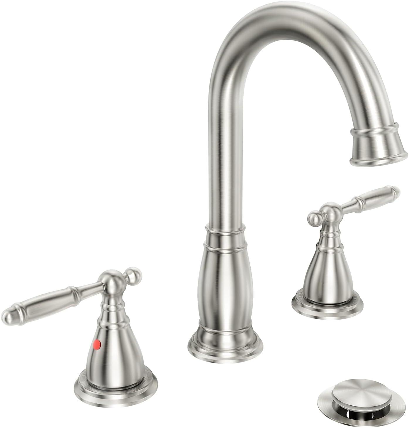 Phiestina 3-Hole 8 inch 2-Handle Brushed Nickel Widespread Bathroom Faucets with Valve and Metal Pop-Up Drain Assembly, WF017-4-BN