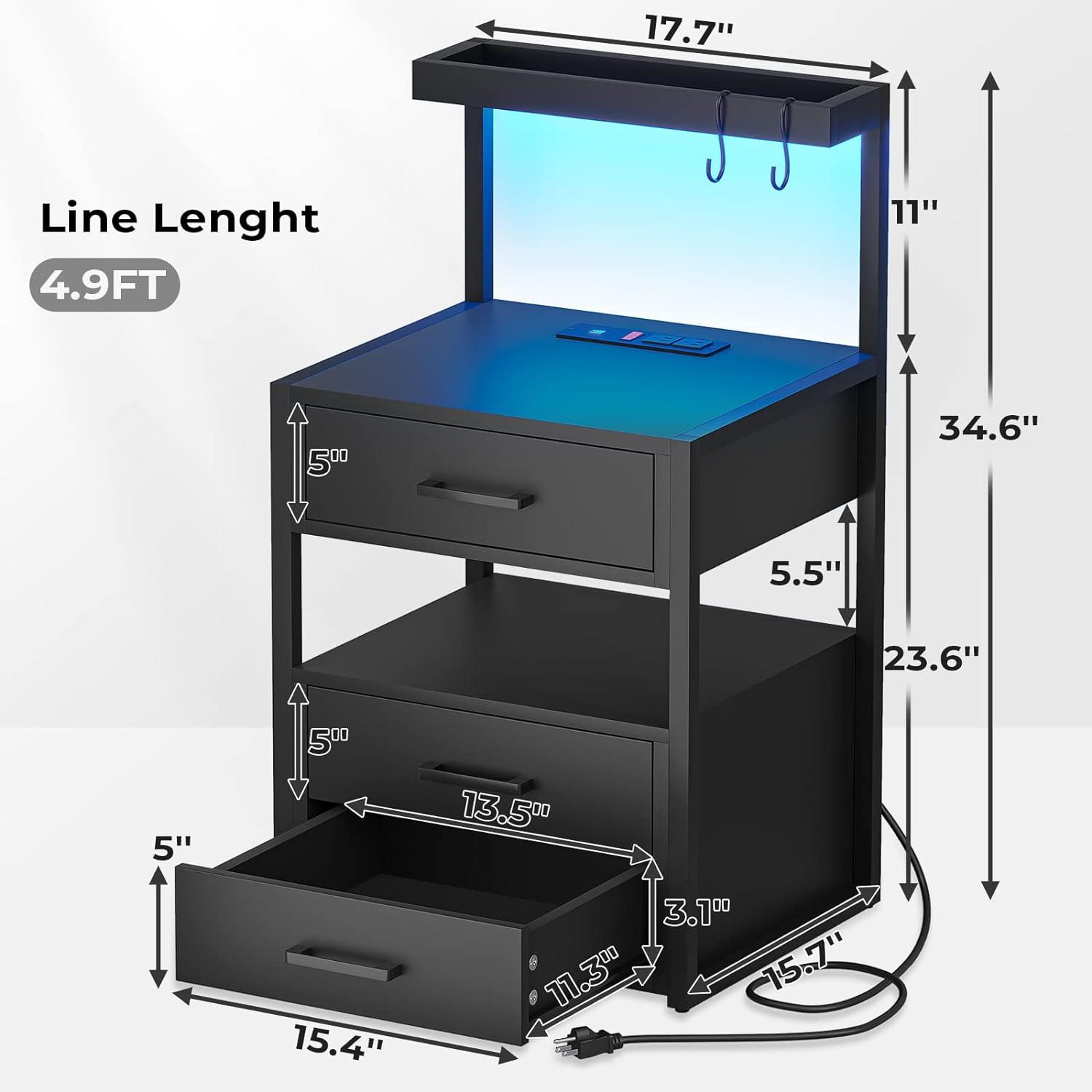 Afuhokles Led Nightstand with Charging Station,2 Drawers Night Stands with Led Lights, Black Bedside Tables with Storage Shelves