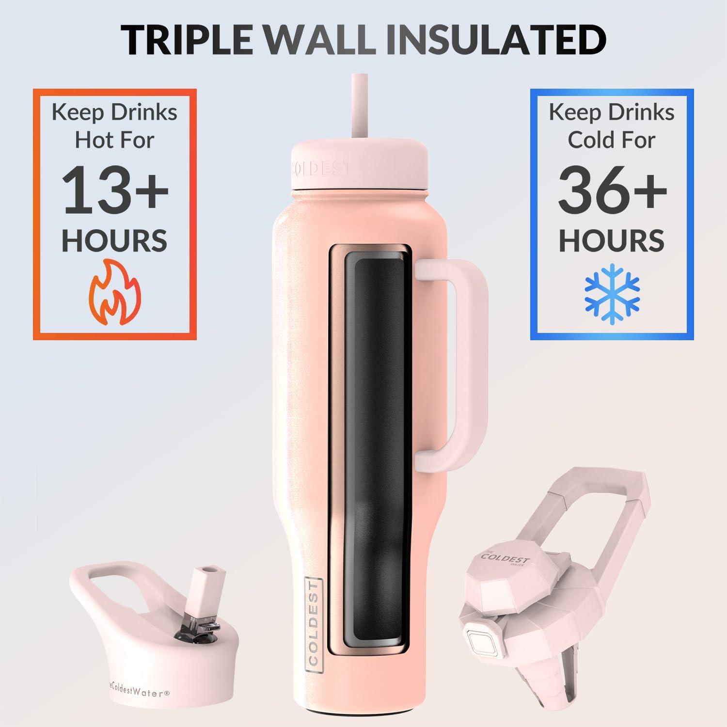 Coldest 40 oz Tumbler with Handle and Straw, 100% Spill Proof Tumbler with Straw (3 Lids), Stainless Steel Insulated Leakproof Tumblers for Women Men, Cup Holder Friendly, 46 oz (Forever Pink Glitter)