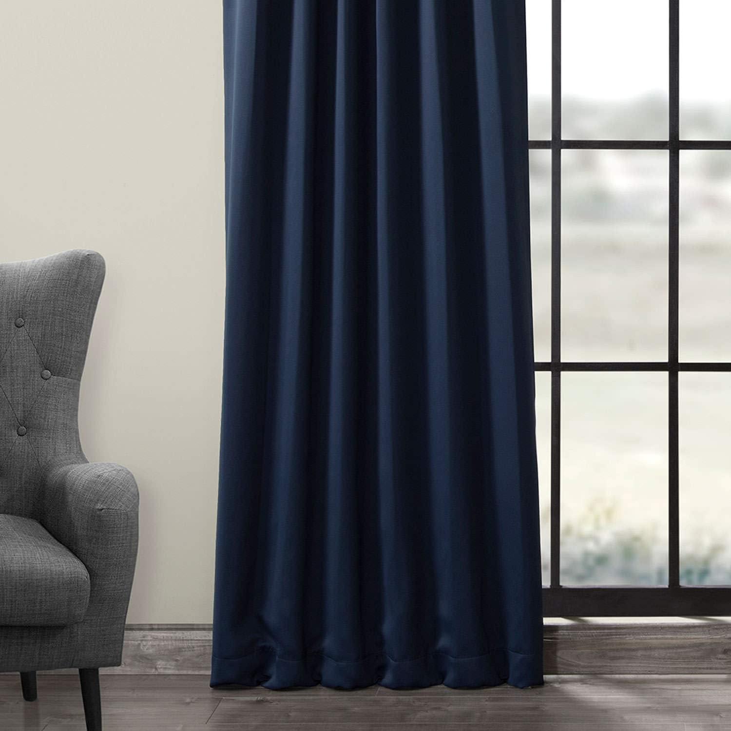 Navy Blue Cotton Polyester Blackout Pleated Drapes