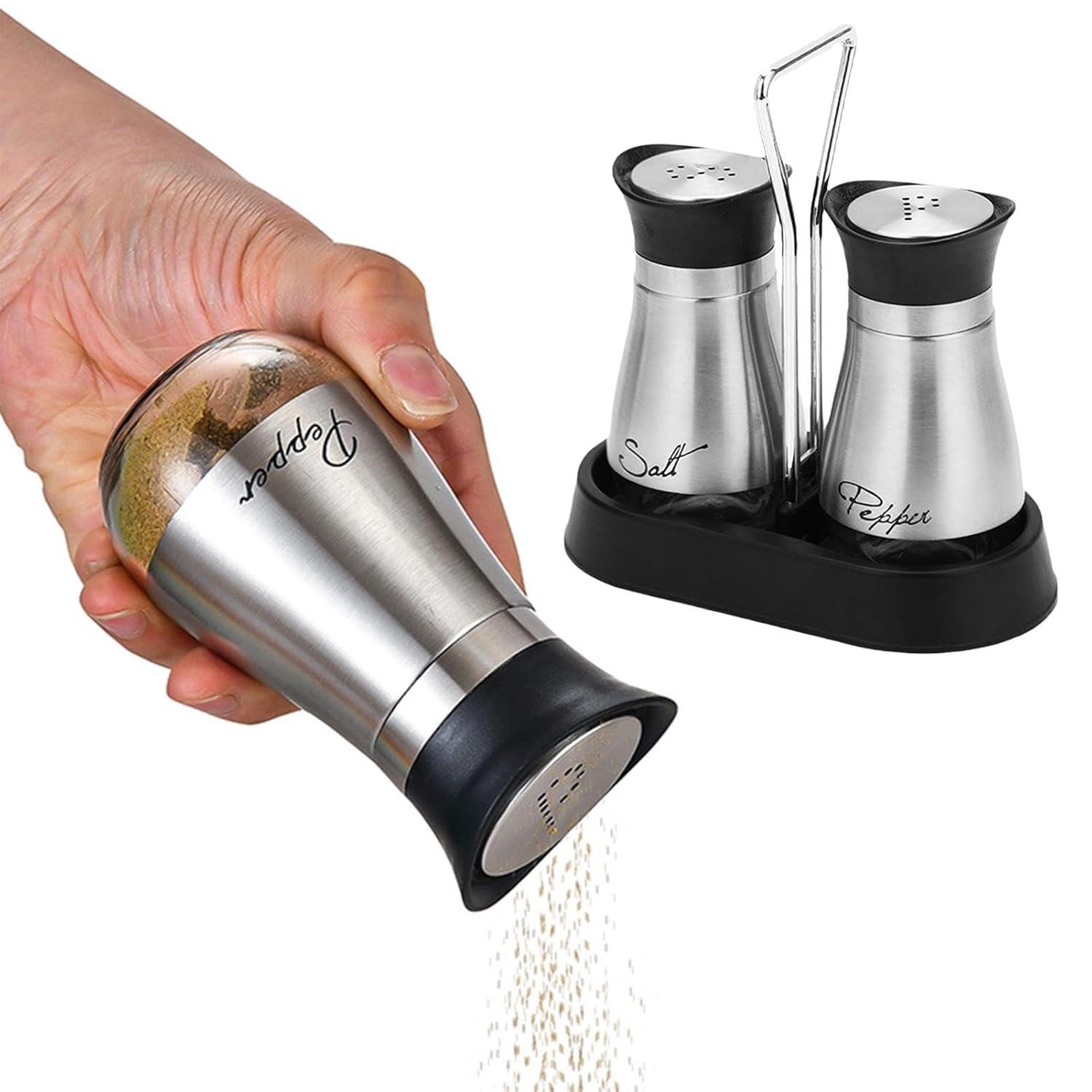Juvale Stainless Steel Salt and Pepper Shakers Set with Glass Bottom, Perforated "S" and "P" Caps - Modern Kitchen Decor (4oz)