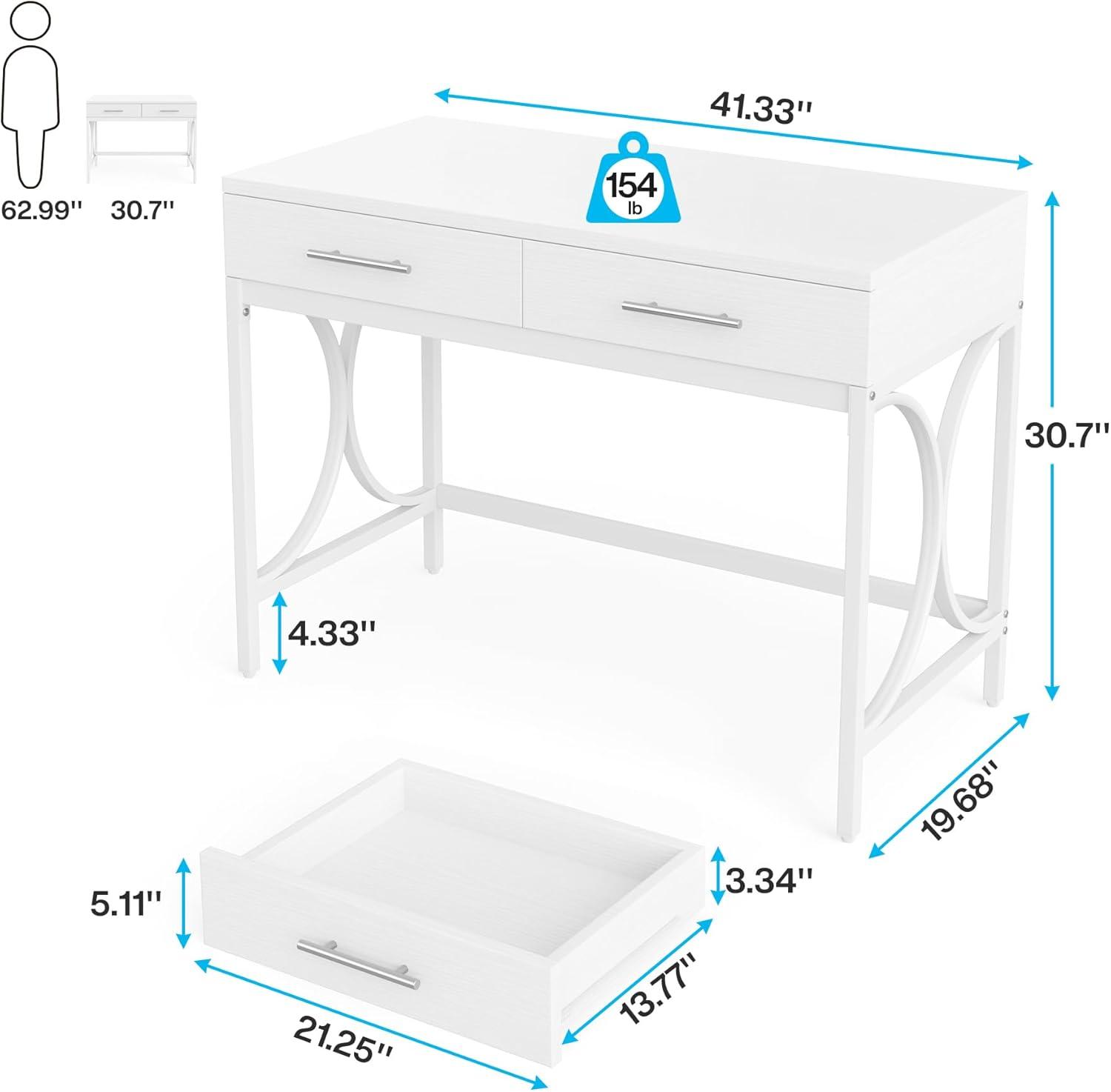 Tribesigns Modern Computer Desk with 2 Drawers, 41 Inches Study Writing Office Desk for Home Office, Bedroom, Makeup Vanity Table Desk with Metal Frame, White