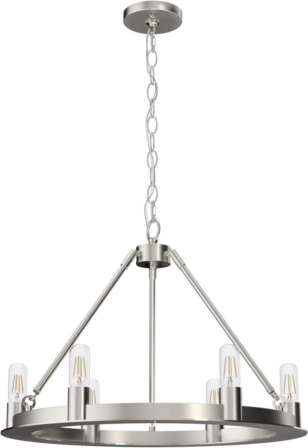 Hunter - Saddlewood 6-light Brushed Nickel, Large Chandelier, Dimmable, Casual Style, Wagon Wheel Shaped, for Bedrooms, Kitchens, Dining, Living Rooms - 19034