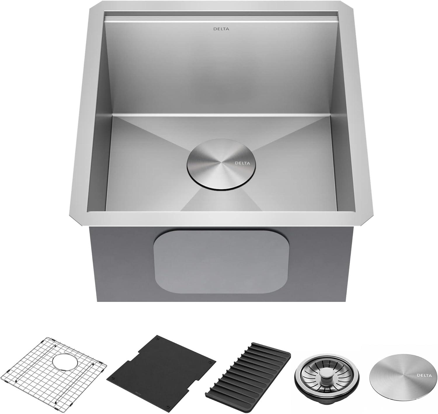 Delta Rivet™ 17" L Workstation Bar Prep Kitchen Sink Undermount 16 Gauge Stainless Steel Single Bowl with WorkFlow™ Ledge