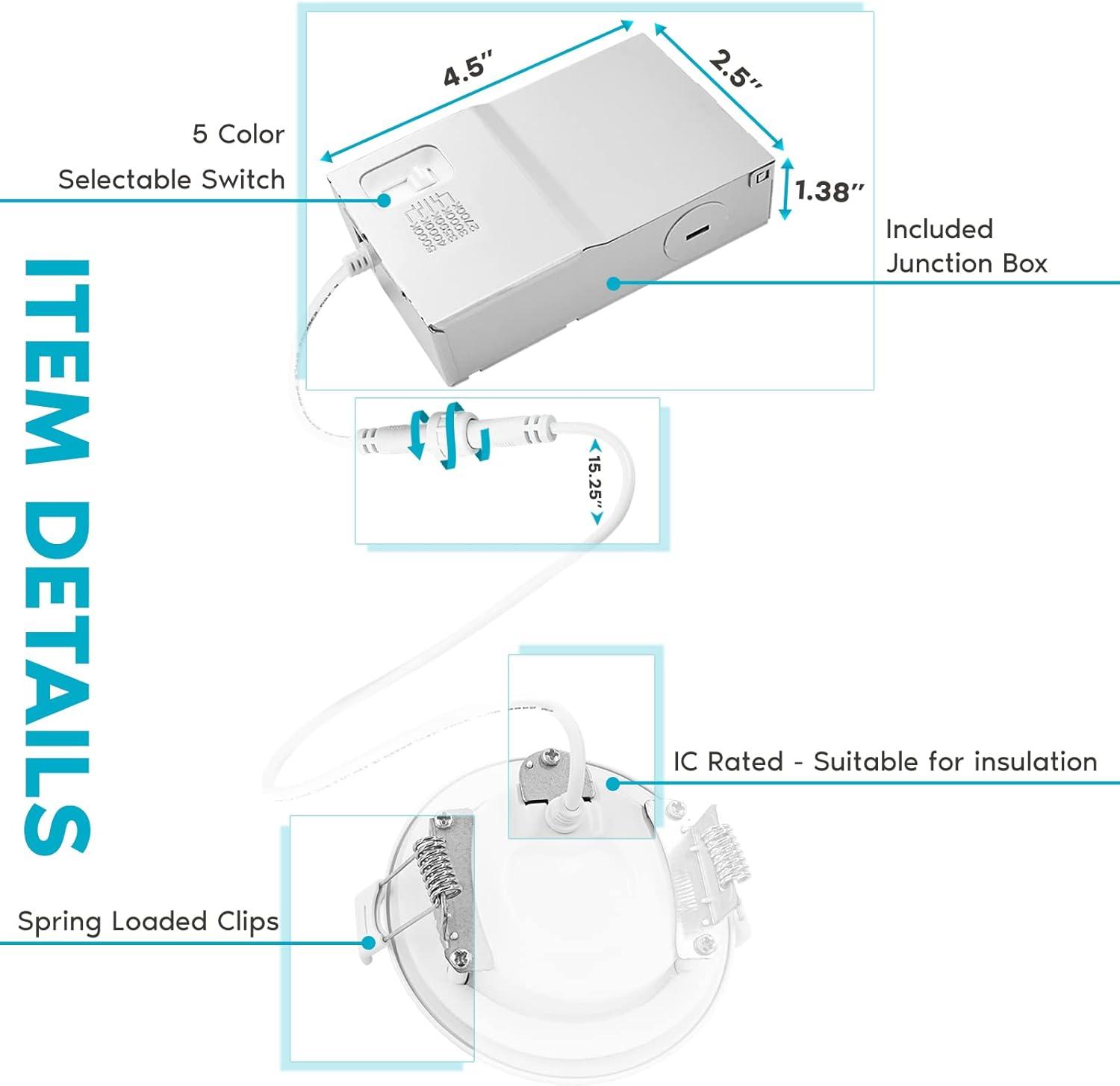 Luxrite 3 Inch Ultra Thin LED Recessed Light J-Box 6W 5 Color Options Dimmable 400 Lumens IC Rated Baffle