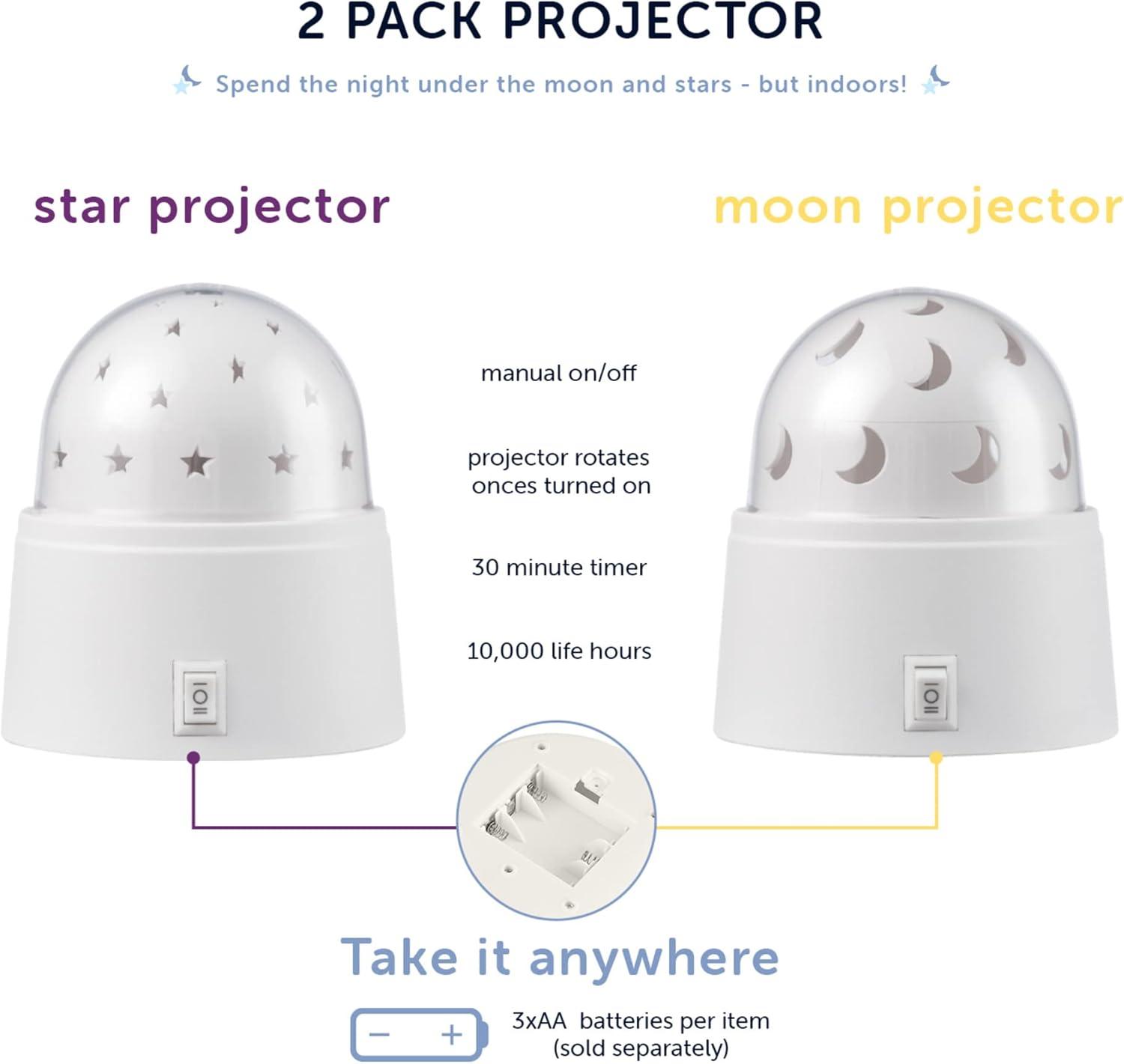 Globe Electric 13767 Rotating Projector Star and Moon LED Integrated Night Lights 2-Pack, 1x Star, 1x Moon, Battery Operated, 30 Min Timer, On/of Button, White Finish