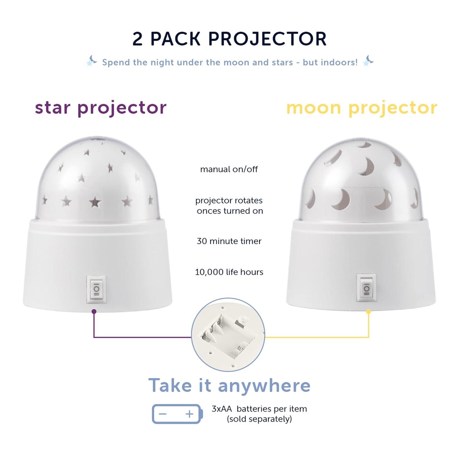 Globe Electric 13767 Rotating Projector Star and Moon LED Integrated Night Lights 2-Pack, 1x Star, 1x Moon, Battery Operated, 30 Min Timer, On/of Button, White Finish