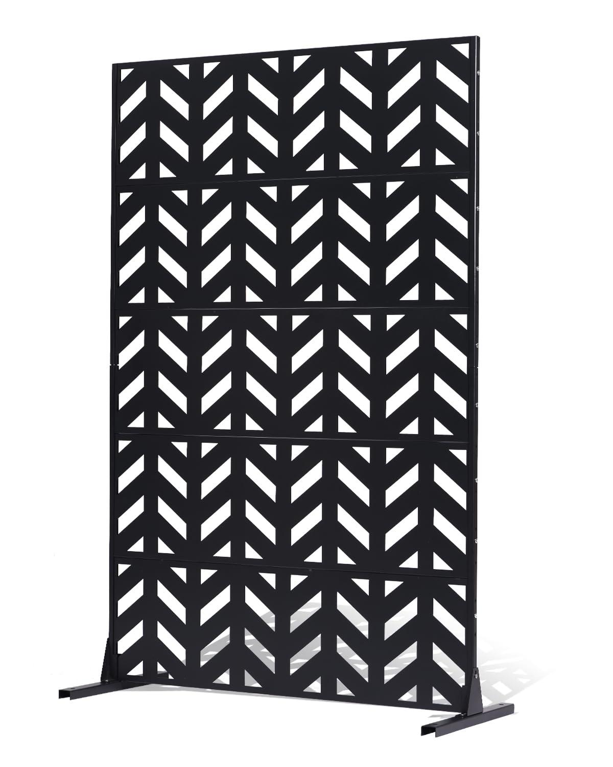 VEVOR Metal Privacy Screen, 47" W x 72" H, Outdoor Privacy Screens 5-Panel, Freestanding Outdoor Divider with Stand, Decorative Garden Steel Privacy Fence for Balcony Patio Indoor Room Black