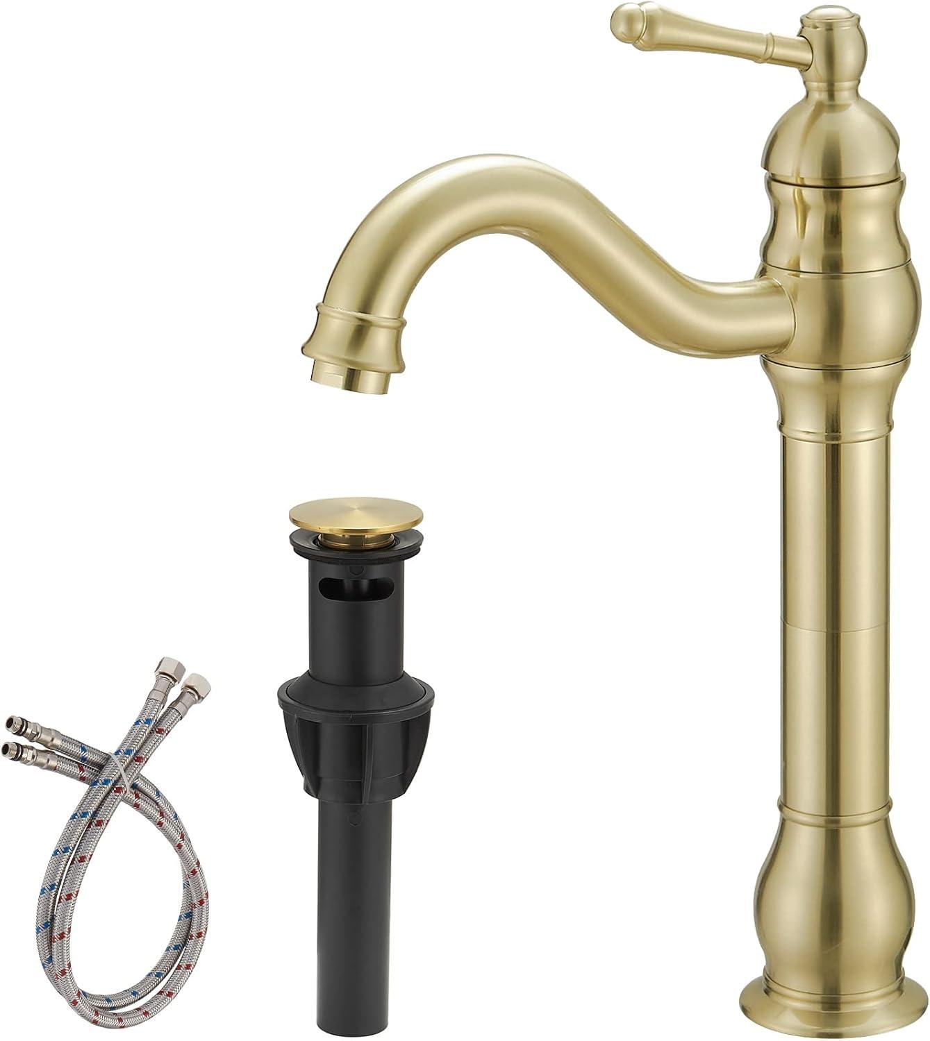 Bathroom Faucet GGStudy 360° Swivel Single-Handle One Hole Bathroom Vessel Sink Faucet Matching Pop Up Drain Brushed Gold Farmhouse Bathroom Vanity Faucet