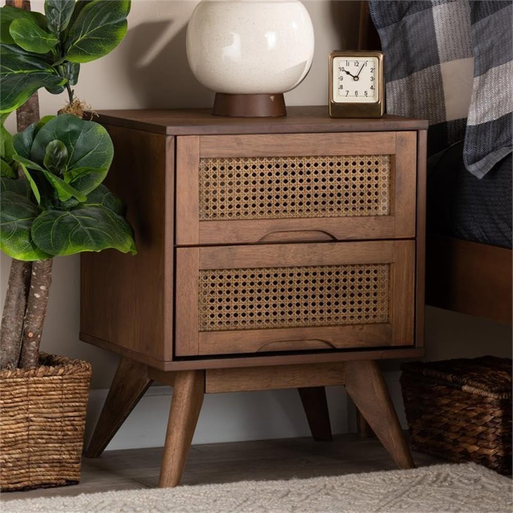 Barrett Wood & Synthetic Rattan Nightstand: 2 Drawers, Angled Legs - Baxton Studio