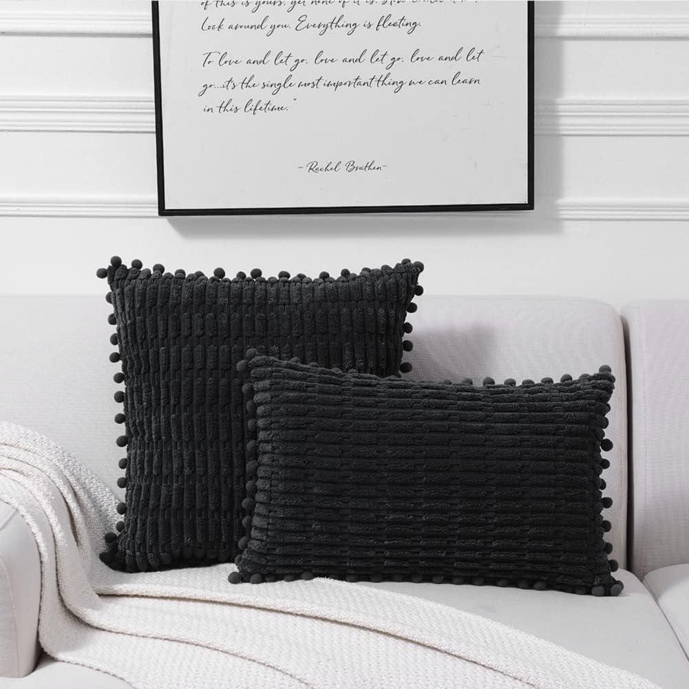 Boho Sage Green Striped Corduroy Pillow Covers - Set of 2 | Farmhouse Rectangle Cushion Cases for Sofa Couch Bed | Soft Decorative Throw Pillowcases - 12x20 Inch Home Decor