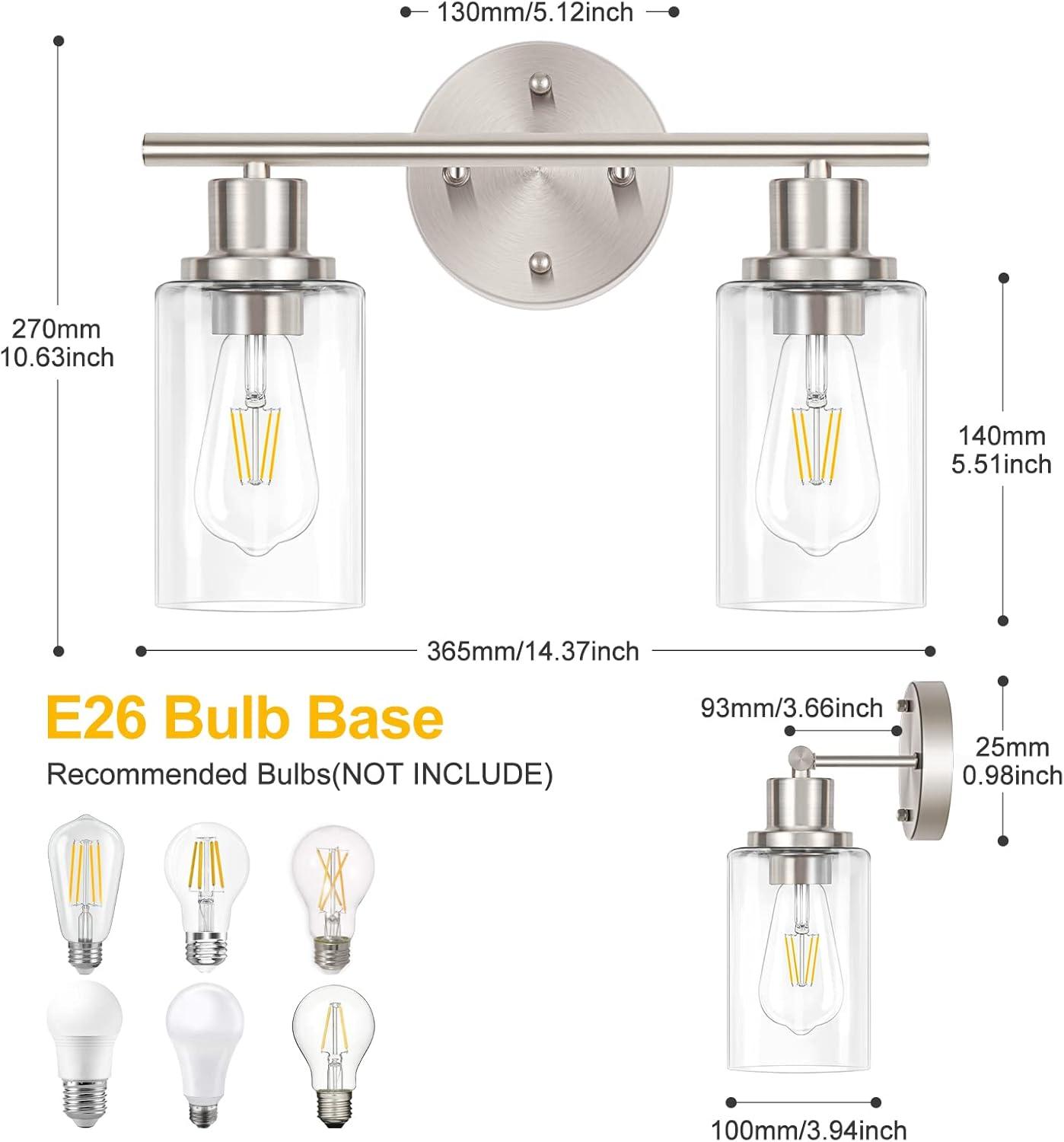 Vanity Wall Light Fixtures, Modern 3 Lights Wall Sconce with Clear Glass Shade, Brushed Nickel Farmhouse Wall Lamp for Bathroom Mirror Kitchen Porch Living Room Workshop (E26 Base)