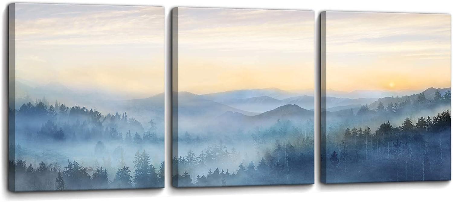 Wall Decor for Bedroom 3 Panel Sunrise Misty Forest Print Picture Paintings Wall Art for Living Room Bathroom Framed Canvas Artwork Modern Room Wall Decorations Size 12x16 x 3 Piece Ready to Hang